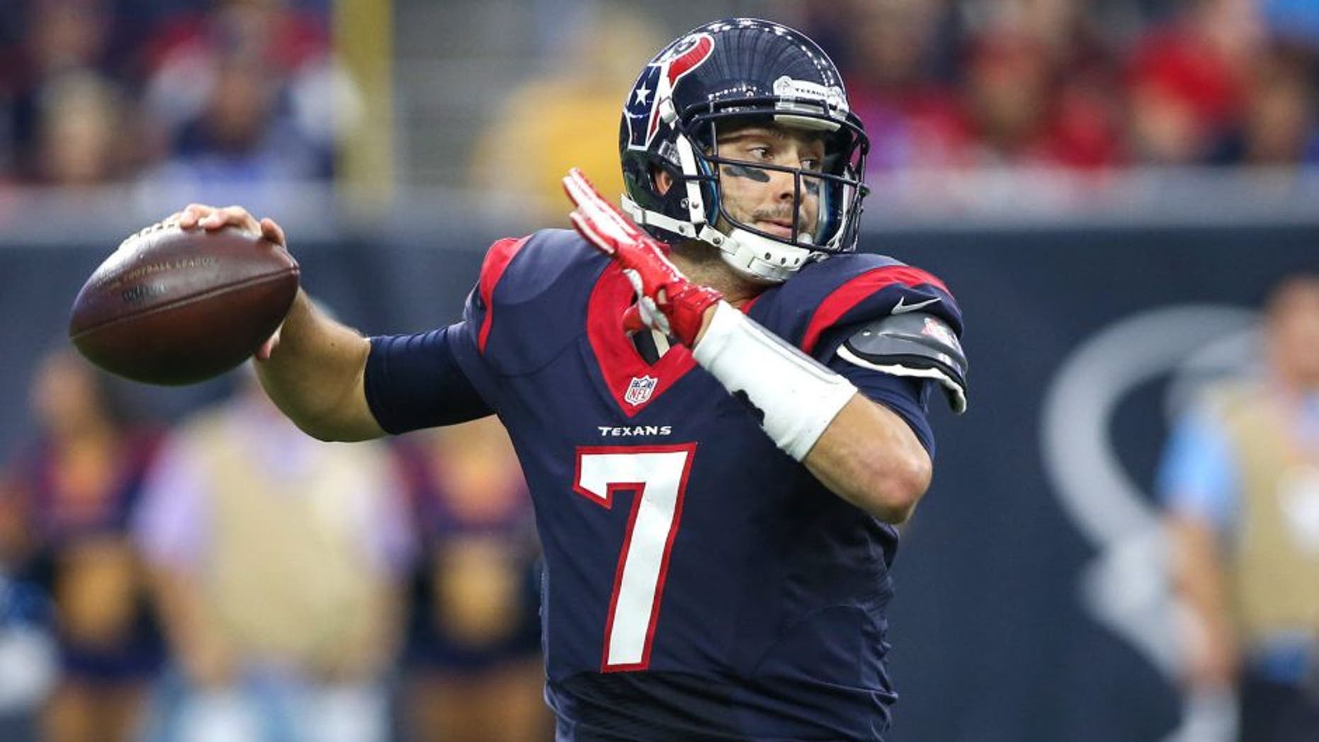 Nov 1, 2015; Houston, TX, USA; Houston Texans quarterback Brian Hoyer (7) attempts a pass during the fourth quarter against the Tennessee Titans at NRG Stadium. Mandatory Credit: Troy Taormina-USA TODAY Sports