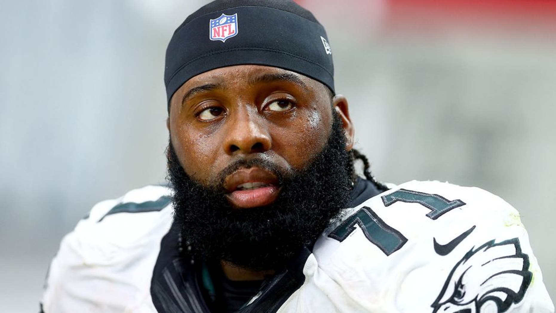 Oct 26, 2014; Glendale, AZ, USA; Philadelphia Eagles tackle Jason Peters (71) against the Arizona Cardinals at University of Phoenix Stadium. The Cardinals defeated the Eagles 24-20. Mandatory Credit: Mark J. Rebilas-USA TODAY Sports