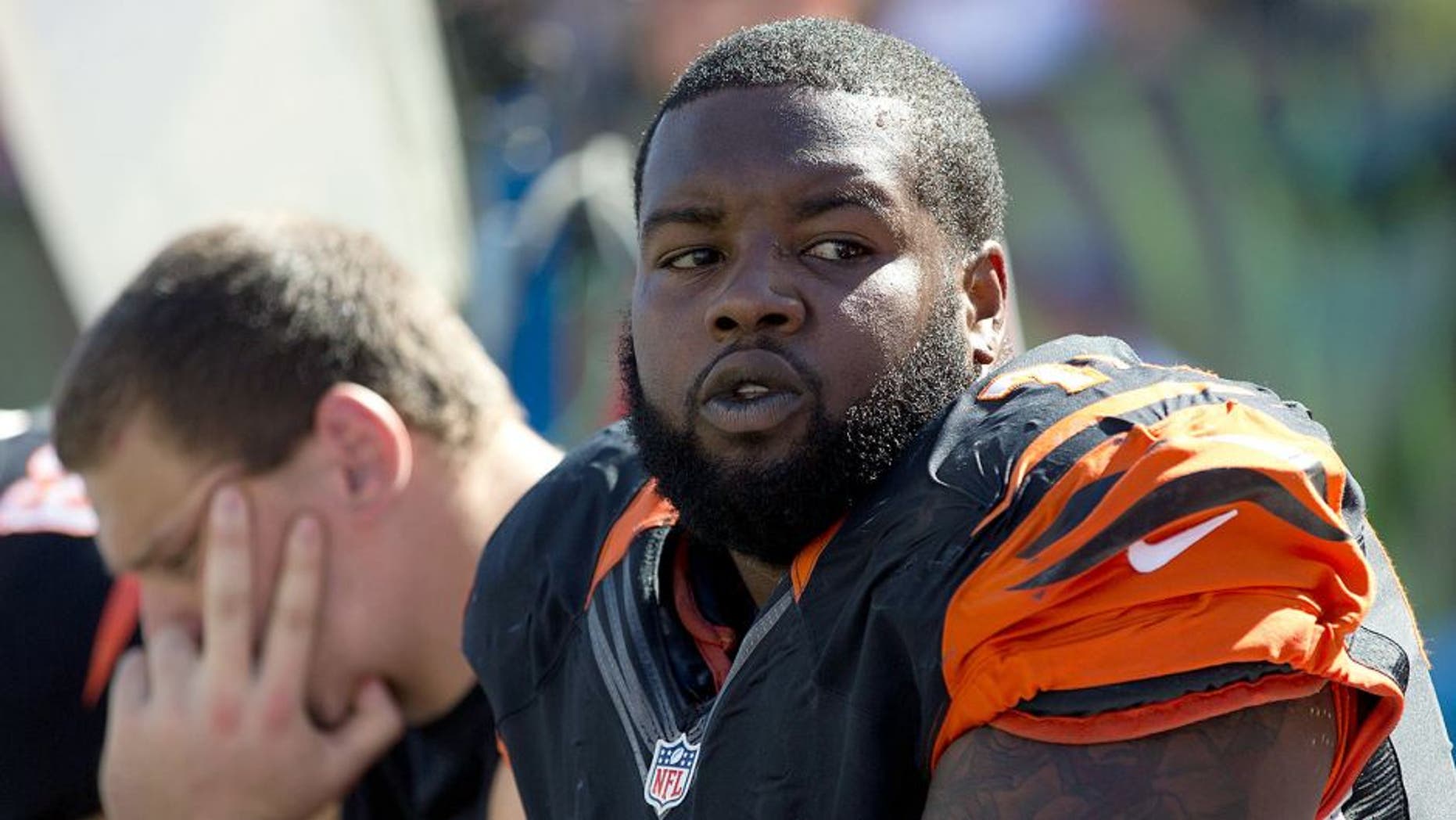 Sep 21, 2014; Cincinnati, OH, USA; Cincinnati Bengals tackle Andre Smith (71) against the Tennessee Titans at Paul Brown Stadium. The Bengals won 33-7. Mandatory Credit: Aaron Doster-USA TODAY Sports