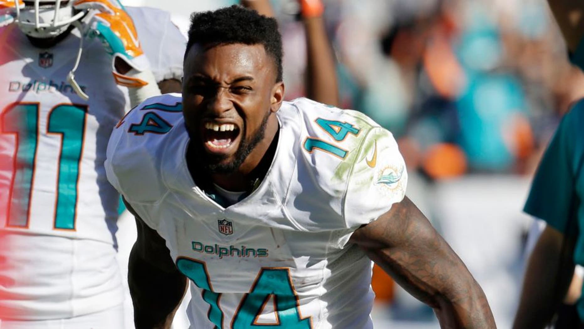 Miami Dolphins wide receiver Jarvis Landry (14) reacts after officials reversed a call and ruled that Landry scored a touchdown during the second half of an NFL football game against the San Diego Chargers, Sunday, Nov. 2, 2014, in Miami Gardens, Fla. (AP Photo/Lynne Sladky)