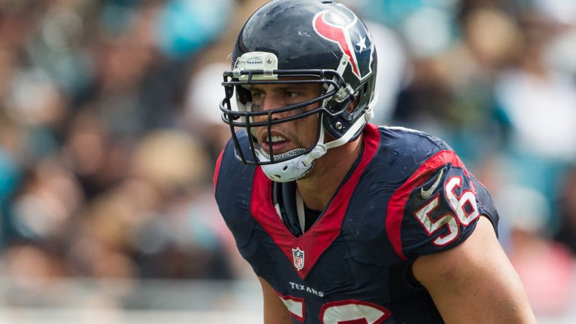 Oct 18, 2015; Jacksonville, FL, USA; Houston Texans inside linebacker Brian Cushing (56) looks on during the second quarter against the Jacksonville Jaguars at EverBank Field. Mandatory Credit: Logan Bowles-USA TODAY Sports