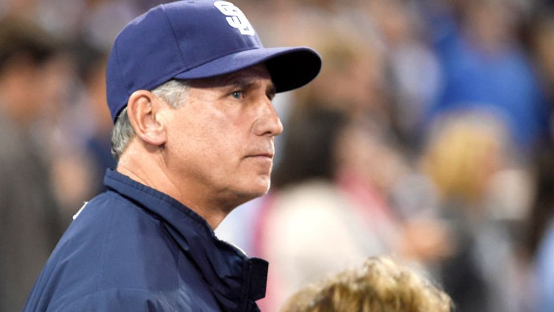 SAN DIEGO, CA - JUNE 13: Manager Bud Black #20 of the San Diego Padres looks on during a baseball game against the Los Angeles Dodgers at Petco Park on June 13, 2015 in San Diego, California. (Photo by Denis Poroy/Getty Images)