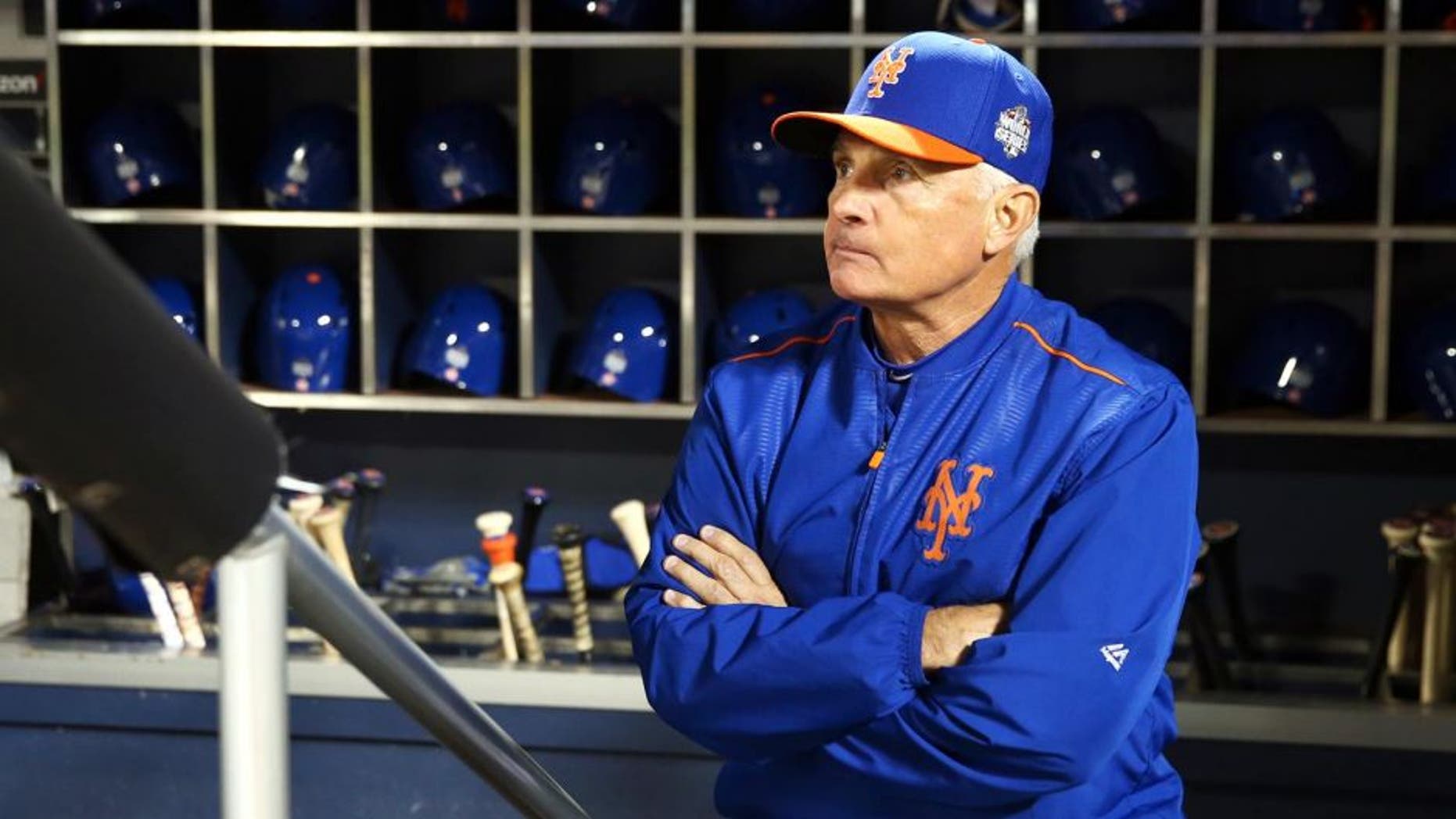NEW YORK, NY - NOVEMBER 1: Manager Terry Collins #10 of the New York Mets looks on prior to Game 5 of the 2015 World Series against the Kansas City Royals at Citi Field on Sunday, November 1, 2015 in the Queens borough of New York City. (Photo by Rob Tringali/MLB Photos via Getty Images)