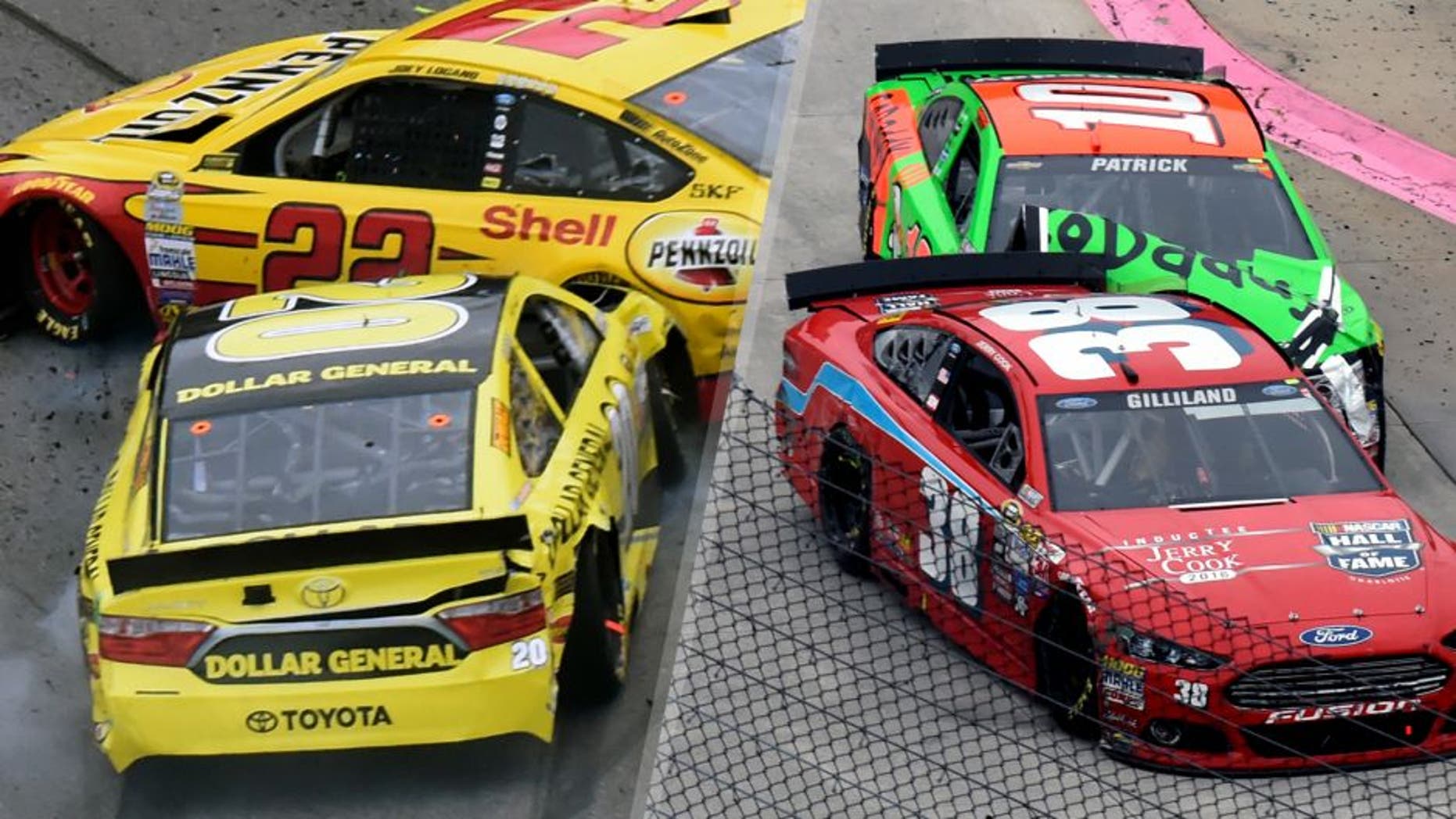 Joey Logano (22) and Matt Kenseth (20) tangle in Ttun 1 during the NASCAR Sprint Cup Series auto race auto race at Martinsville Speedway in Martinsville, Va., Sunday, Nov. 1, 2015. (AP Photo/Don Petersen) Danica Patrick (10) runs into the back of David Gilliland (38) during the NASCAR Sprint Cup Series auto race auto race at Martinsville Speedway in Martinsville, Va., Sunday, Nov. 1, 2015. (AP Photo/Don Petersen)