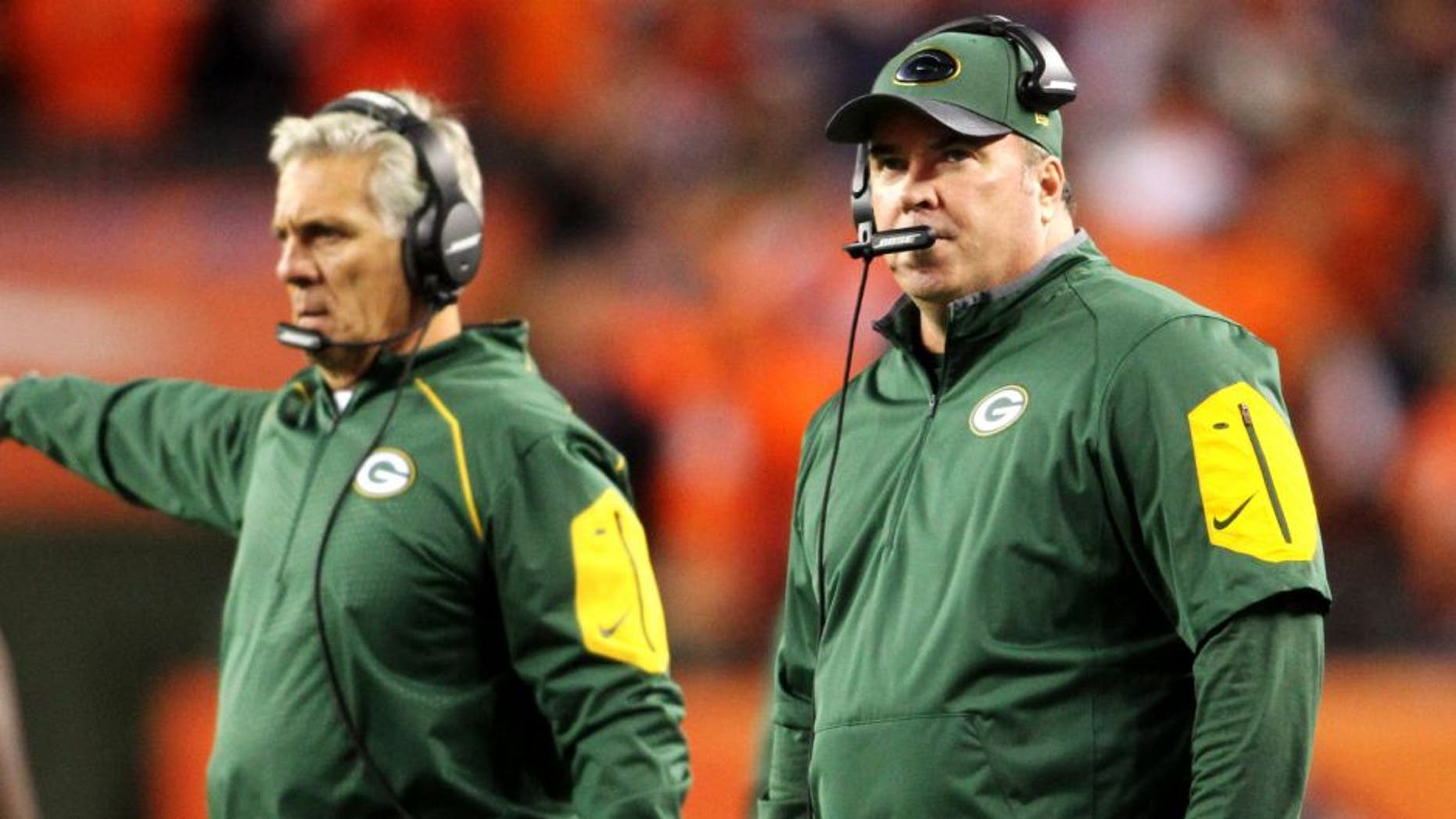 Nov 1, 2015; Denver, CO, USA; Green Bay Packers head coach Mike McCarthy during the first half against the Denver Broncos at Sports Authority Field at Mile High. The Broncos won 29-10. Mandatory Credit: Chris Humphreys-USA TODAY Sports
