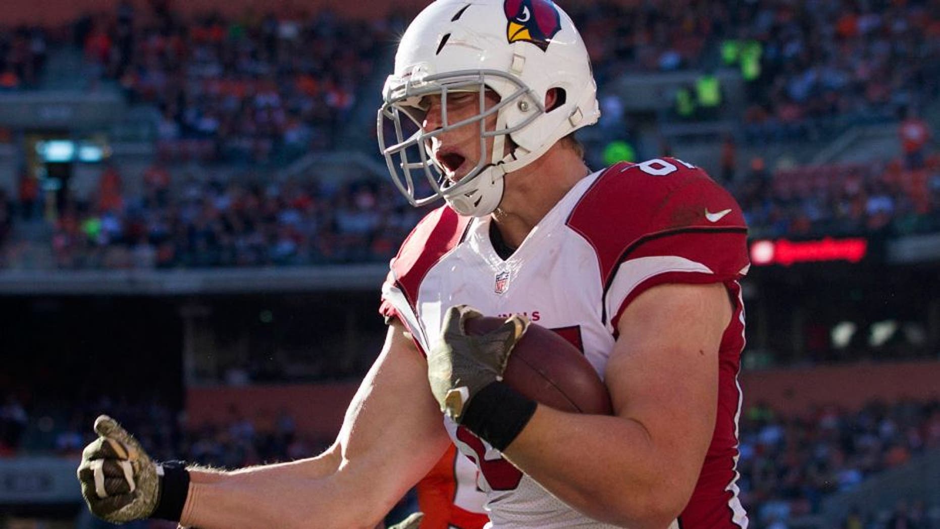 Nov 1, 2015; Cleveland, OH, USA; Arizona Cardinals tight end Troy Niklas (87) celebrates his third quarter touchdown reception against the Cleveland Browns at FirstEnergy Stadium. The Cardinals defeated the Browns 34-20. Mandatory Credit: Scott R. Galvin-USA TODAY Sports