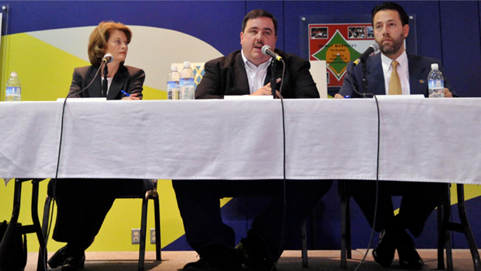 Oct. 7: U.S. Sen. Lisa Murkowski, R-Alaska, left, Democrat Scott McAdams, center, and Republican Joe Miller face off in a debate in Anchorage, Alaska.