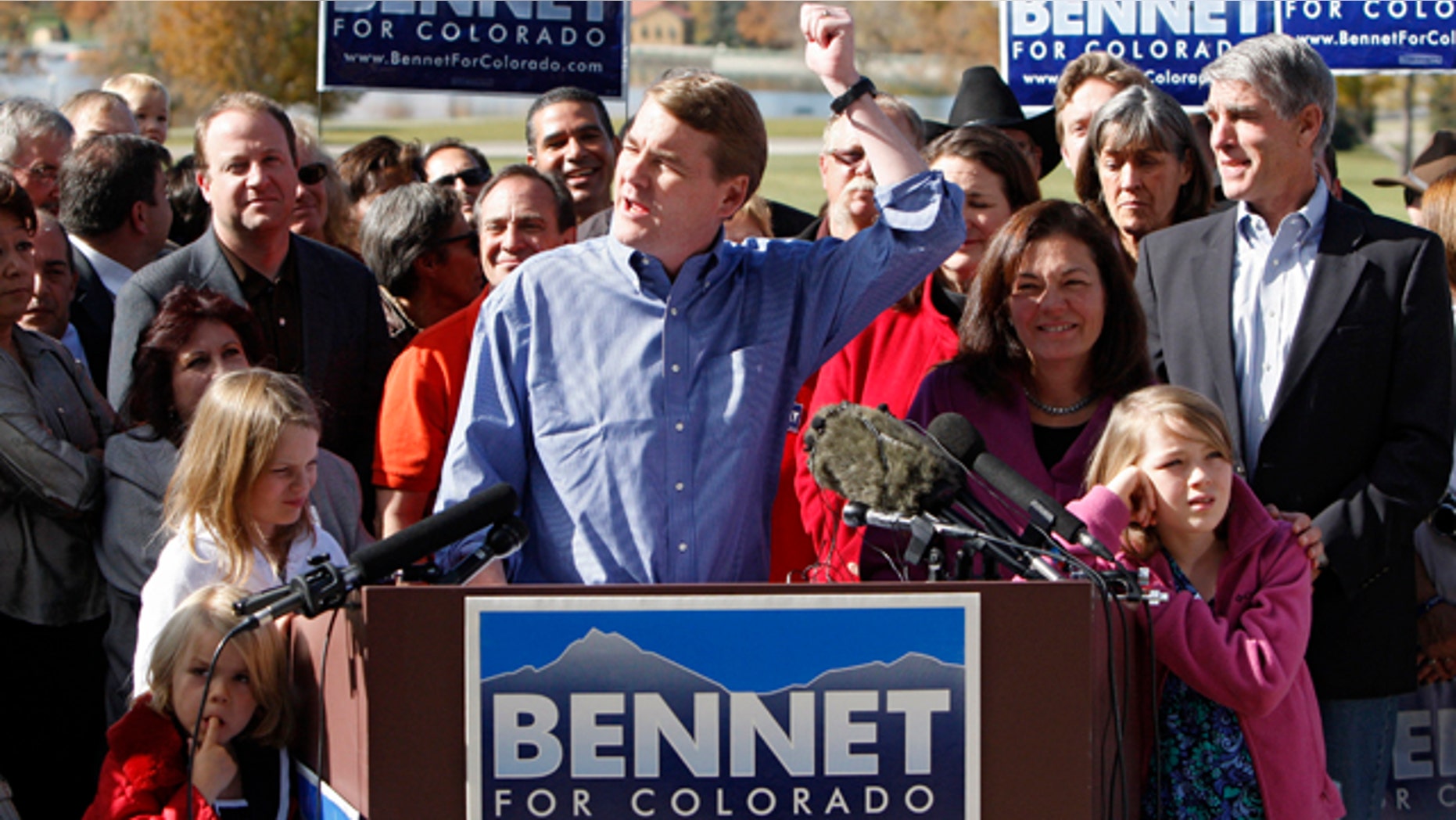 Nov. 3: Sen. Michael Bennet, D-Colo., flanked by his wife Susan Daggett and their three children, delivers his victory speech at Denver's City Park.