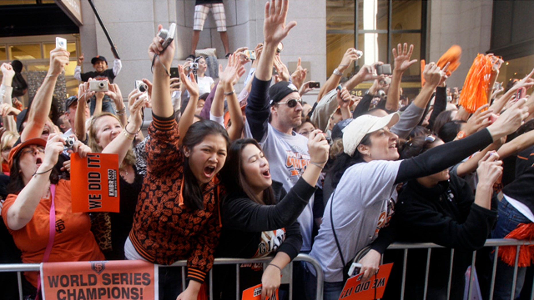Nov. 3: San Francisco Giants fans celebrate during a baseball World Series parade in downtown San Francisco.