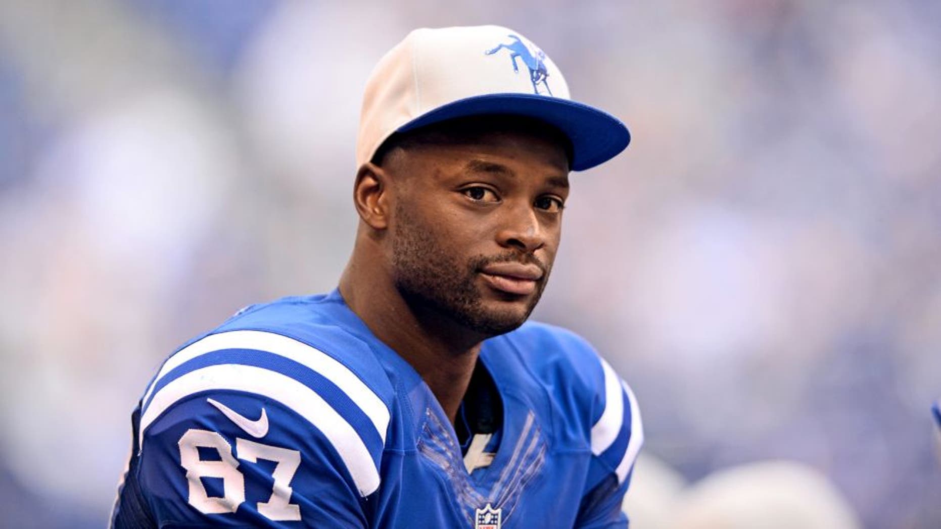 Sep 28, 2014; Indianapolis, IN, USA; Indianapolis Colts wide receiver Reggie Wayne (87) on the sidelines during the fourth quarter against the Tennessee Titans at Lucas Oil Stadium. Colts defeated the Titans 41-17. Mandatory Credit: Andrew Weber-USA TODAY Sports