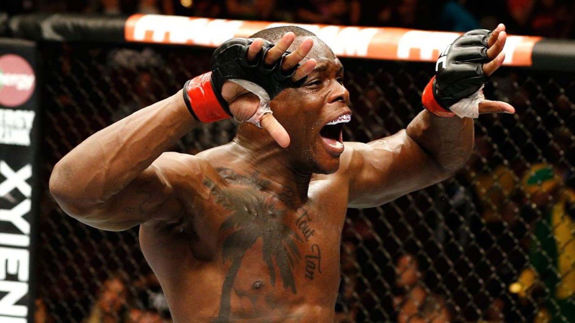 VANCOUVER, BC - JUNE 14: Ovince Saint Preux reacts after his submission victory over Ryan Jimmo in their light heavyweight bout at Rogers Arena on June 14, 2014 in Vancouver, Canada. (Photo by Josh Hedges/Zuffa LLC/Zuffa LLC via Getty Images)