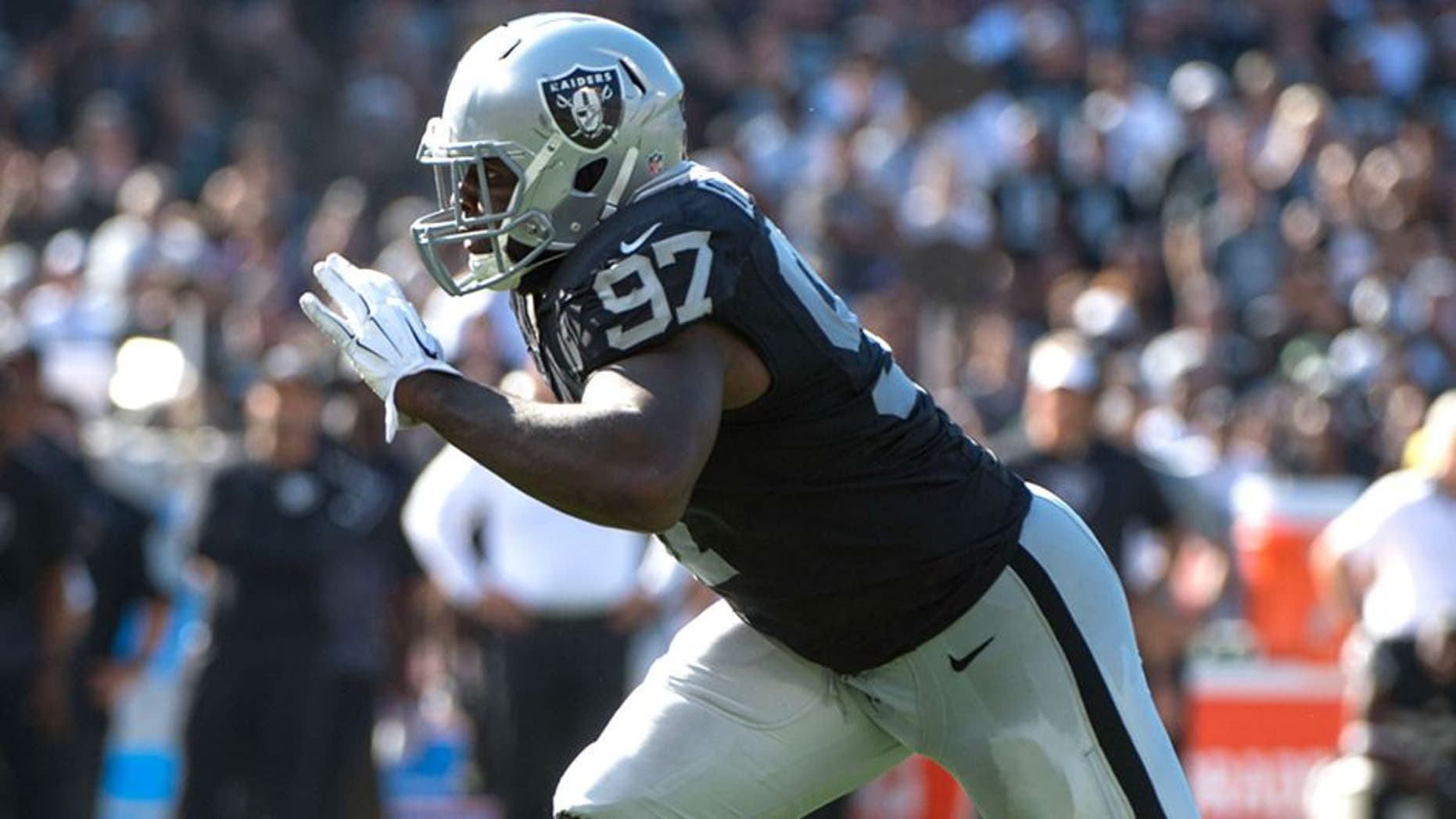 September 20, 2015; Oakland, CA, USA; Oakland Raiders defensive end Mario Jr. Edwards (97) during the fourth quarter against the Baltimore Ravens at O.co Coliseum. The Raiders defeated the Ravens 37-33. Mandatory Credit: Kyle Terada-USA TODAY Sports
