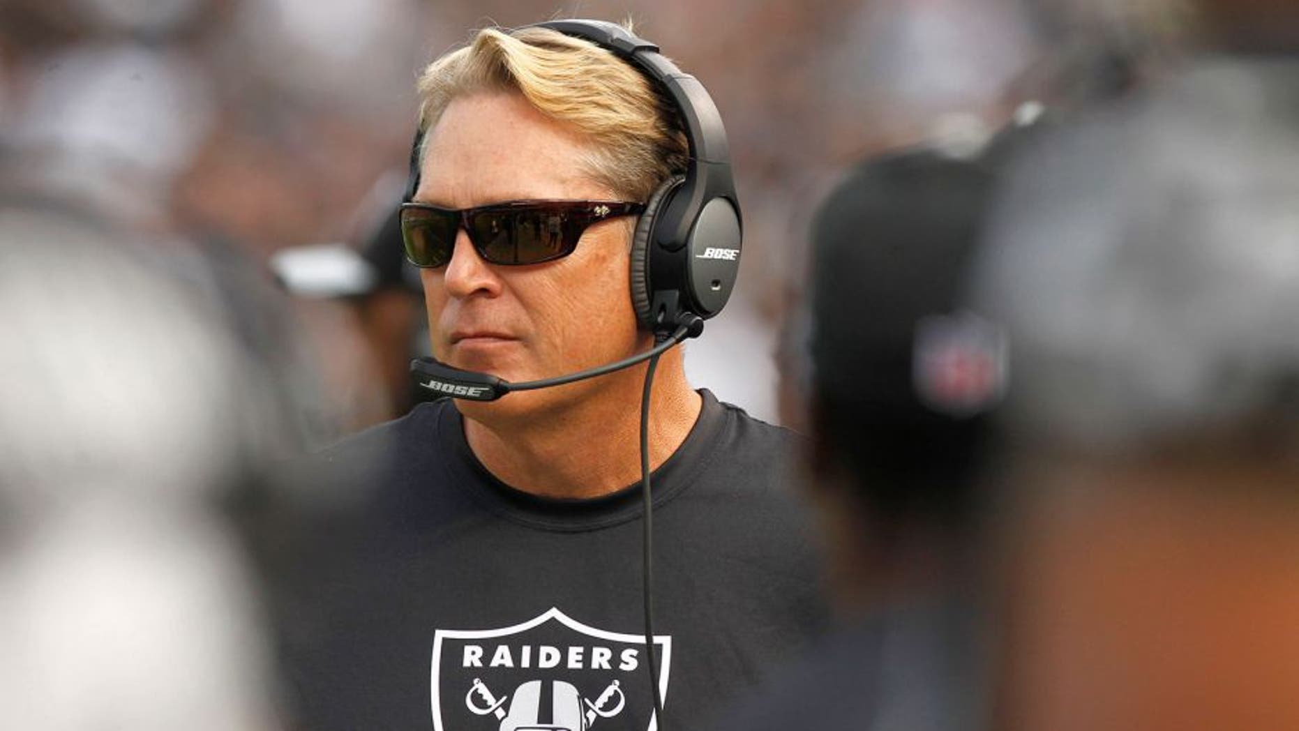 Nov 1, 2015; Oakland, CA, USA; Oakland Raiders head coach Jack Del Rio walks down the sideline during action against the New York Jets in the fourth quarter at O.co Coliseum. The Raiders defeated the Jets 34-20. Mandatory Credit: Cary Edmondson-USA TODAY Sports