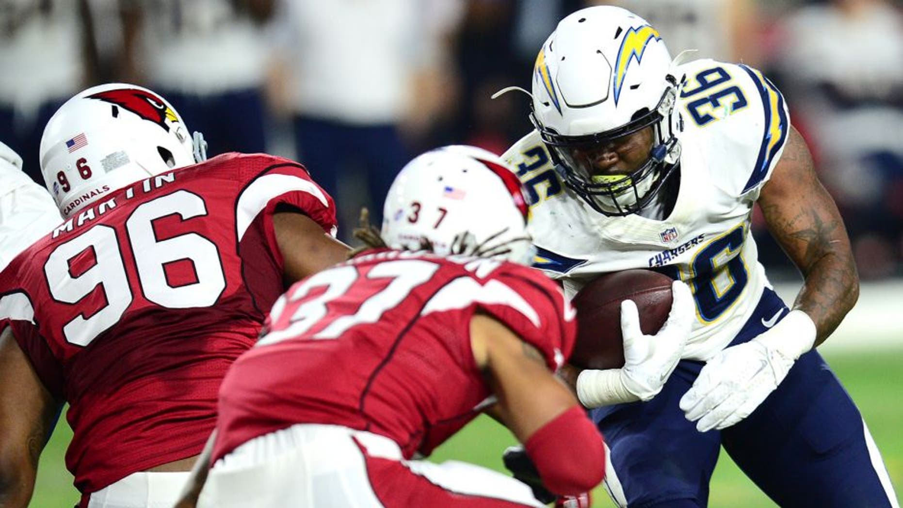 Aug 22, 2015; Glendale, AZ, USA; San Diego Chargers running back Dreamius Smith (36) rushes the ball against the Arizona Cardinals at University of Phoenix Stadium. The Chargers won 22-19. Mandatory Credit: Joe Camporeale-USA TODAY Sports