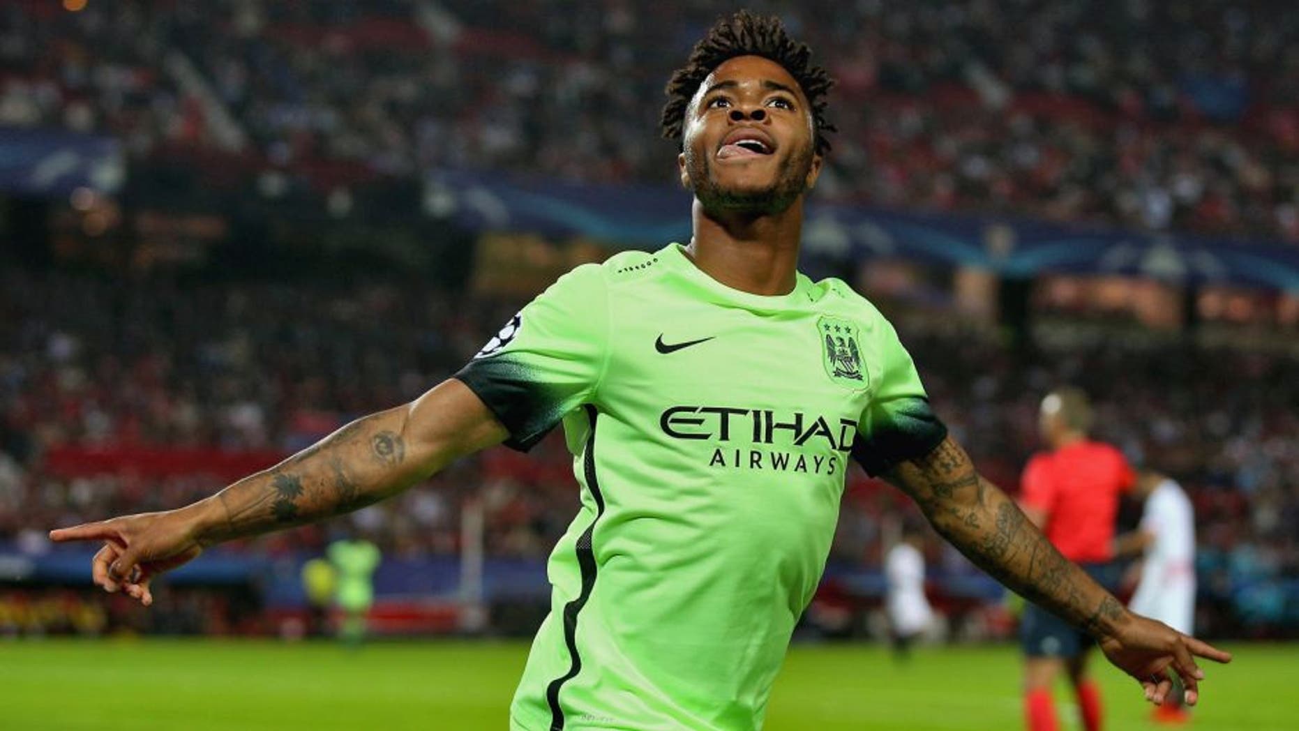 SEVILLE, SPAIN - NOVEMBER 03: Raheem Sterling of Manchester City celebrates as he scores their first goal during the UEFA Champions League Group D match between Sevilla FC and Manchester City FC at Estadio Ramon Sanchez Pizjuan on November 3, 2015 in Seville, Spain. (Photo by Ian Walton/Getty Images)