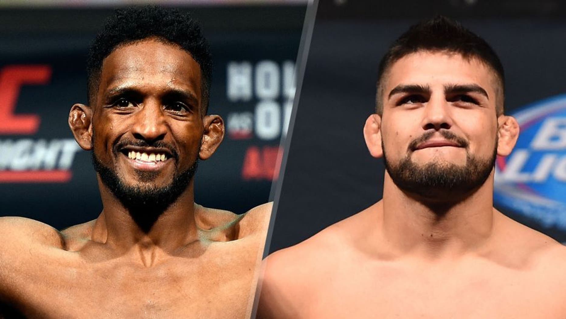 SASKATOON, SK - AUGUST 22: Neil Magny of the United States steps on the scale during the UFC weigh-in at the SaskTel Centre on August 22, 2015 in Saskatoon, Saskatchewan, Canada. (Photo by Jeff Bottari/Zuffa LLC/Zuffa LLC via Getty Images), MEXICO CITY, MEXICO - JUNE 12: Kelvin Gastelum of the United States steps on the scale during the UFC 188 weigh-in inside the Arena Ciudad de Mexico on June 12, 2015 in Mexico City, Mexico. (Photo by Josh Hedges/Zuffa LLC/Zuffa LLC via Getty Images)