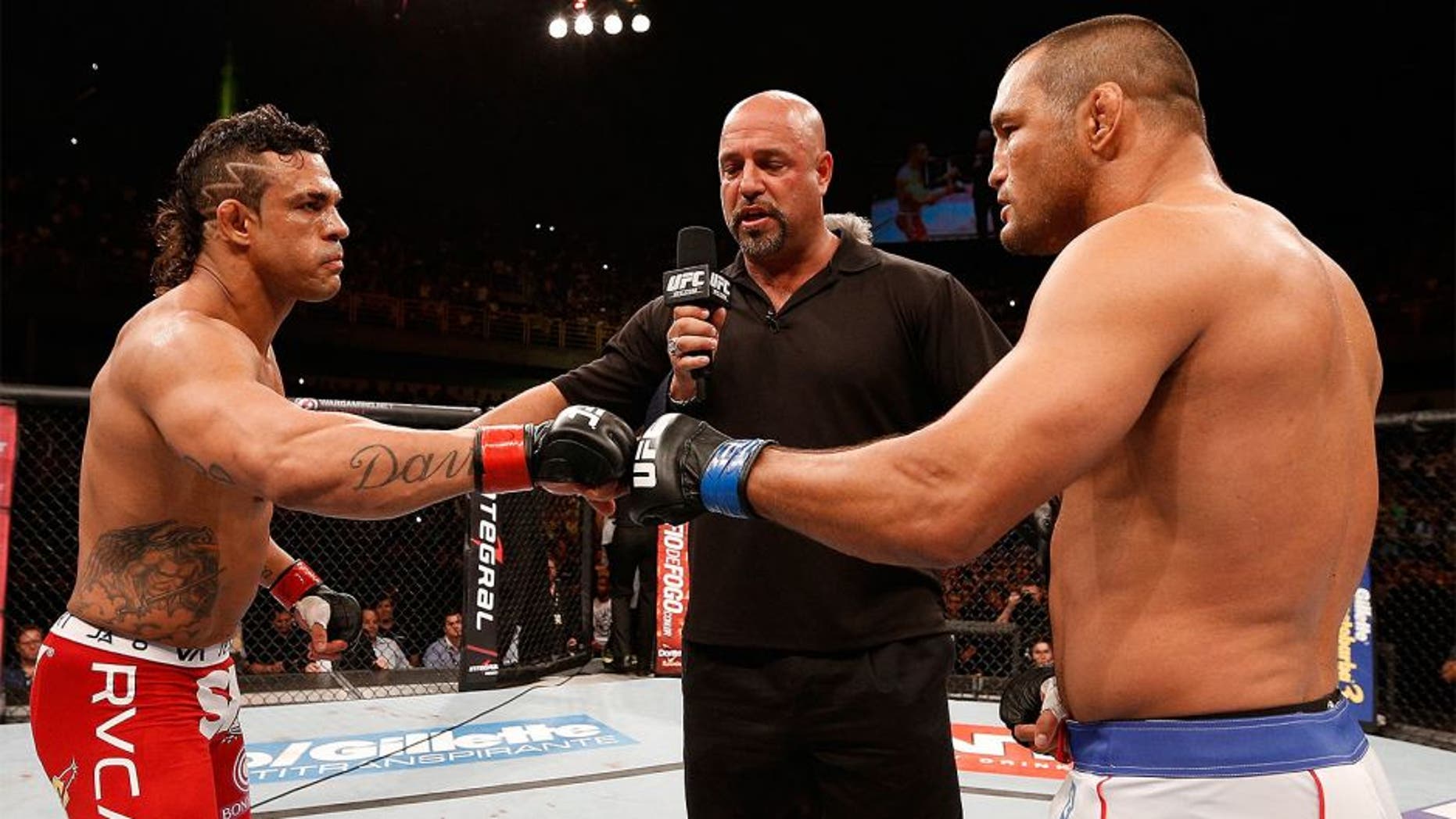 GOIANIA, BRAZIL - NOVEMBER 09: Opponents Vitor Belfort (L) and Dan Henderson (R) face off before their light heavyweight bout during the UFC event at Arena Goiania on November 9, 2013 in Goiania, Brazil. (Photo by Josh Hedges/Zuffa LLC/Zuffa LLC via Getty Images)