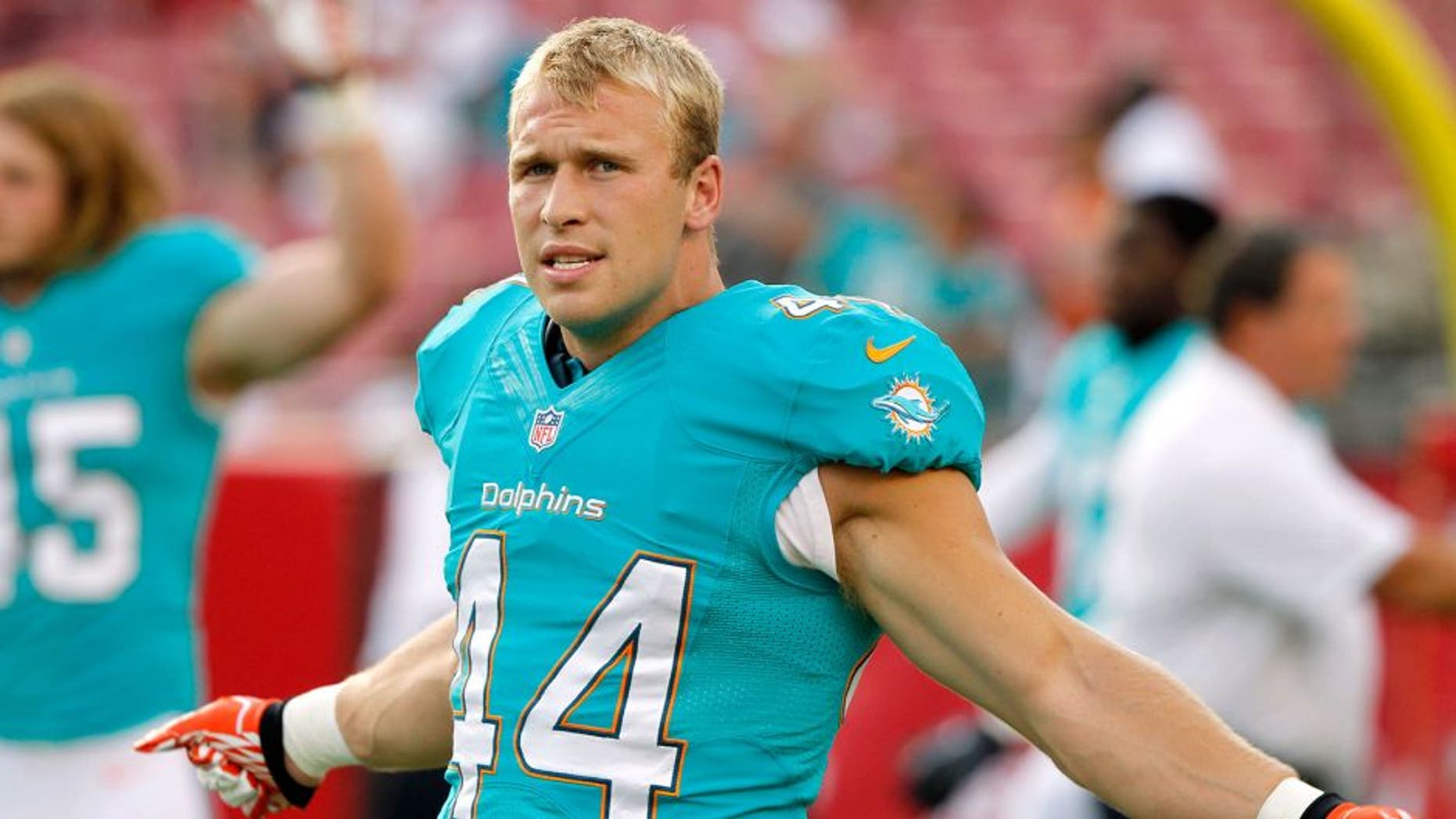 Aug 16, 2014; Tampa, FL, USA; Miami Dolphins strong safety Jordan Kovacs (44) works out prior to the game against the Tampa Bay Buccaneers at Raymond James Stadium. Mandatory Credit: Kim Klement-USA TODAY Sports