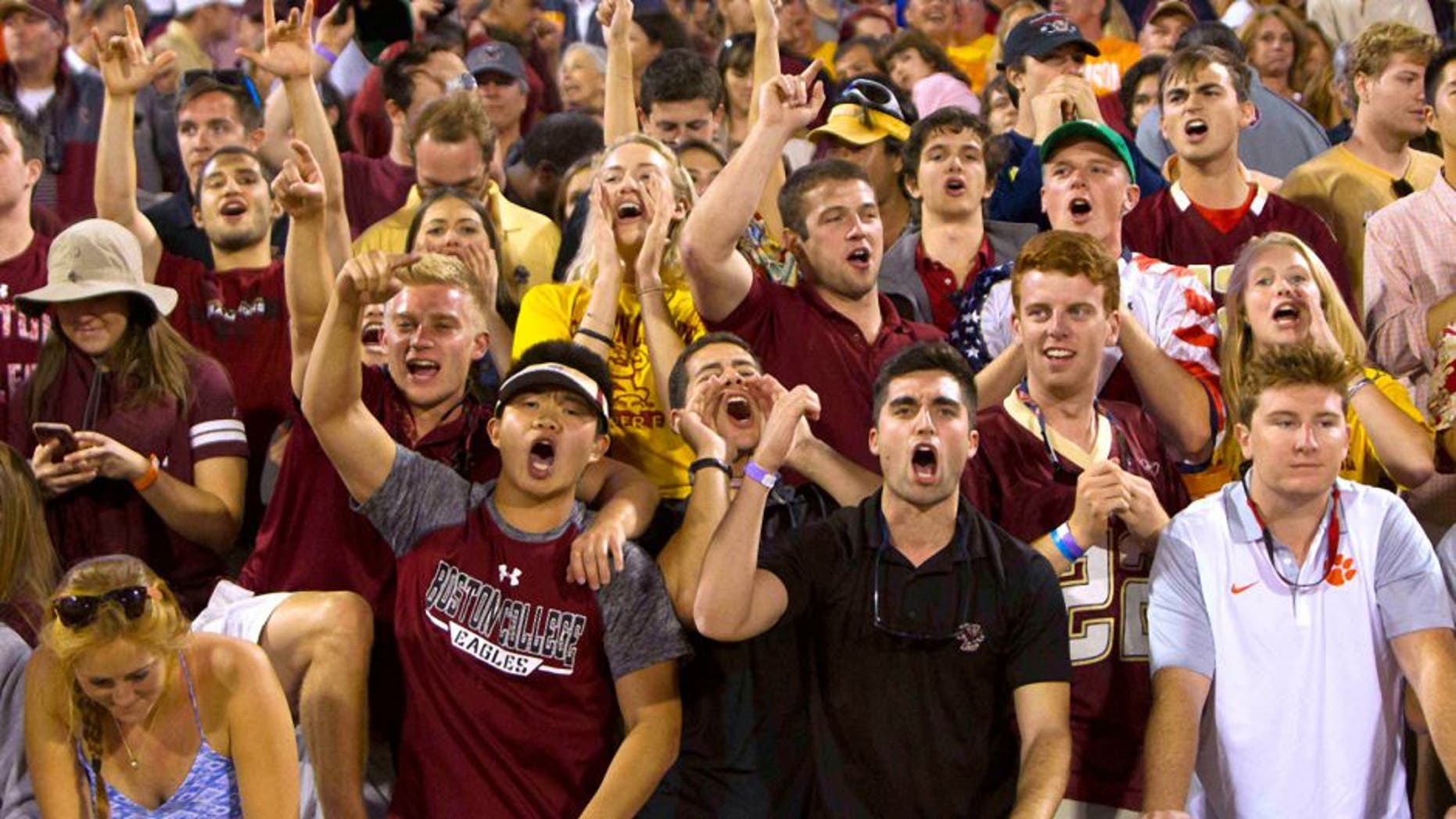 Oct 17, 2015; Clemson, SC, USA; Boston College Eagles fans cheer during the first quarter against the Clemson Tigers at Clemson Memorial Stadium. Mandatory Credit: Joshua S. Kelly-USA TODAY Sports