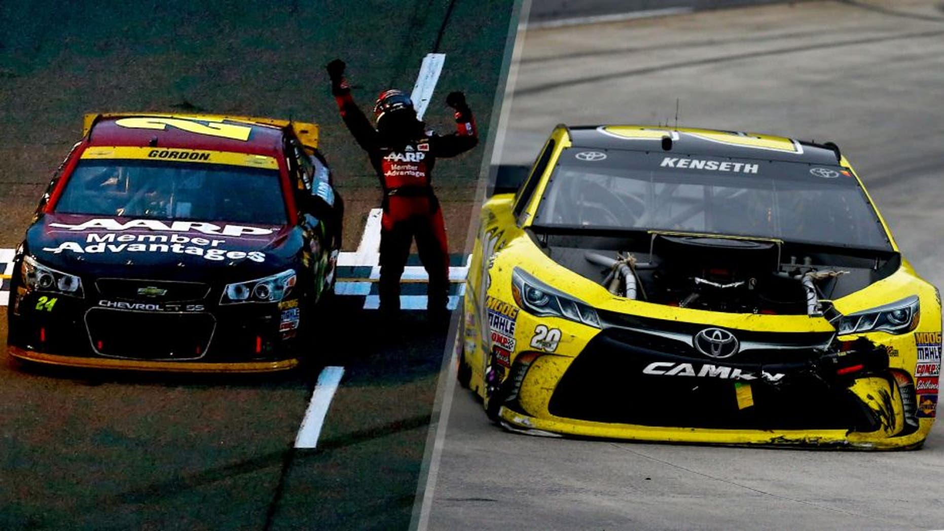 MARTINSVILLE, VA - NOVEMBER 01: Jeff Gordon, driver of the #24 AARP Member Advantages Chevrolet, celebrates after winning the NASCAR Sprint Cup Series Goody's Headache Relief Shot 500 at Martinsville Speedway on November 1, 2015 in Martinsville, Virginia. (Photo by Jeff Zelevansky/Getty Images) MARTINSVILLE, VA - NOVEMBER 01: Matt Kenseth drives the #20 Dollar General Toyota after an on-track incident during the NASCAR Sprint Cup Series Goody's Headache Relief Shot 500 at Martinsville Speedway on November 1, 2015 in Martinsville, Virginia. (Photo by Sarah Crabill/Getty Images)