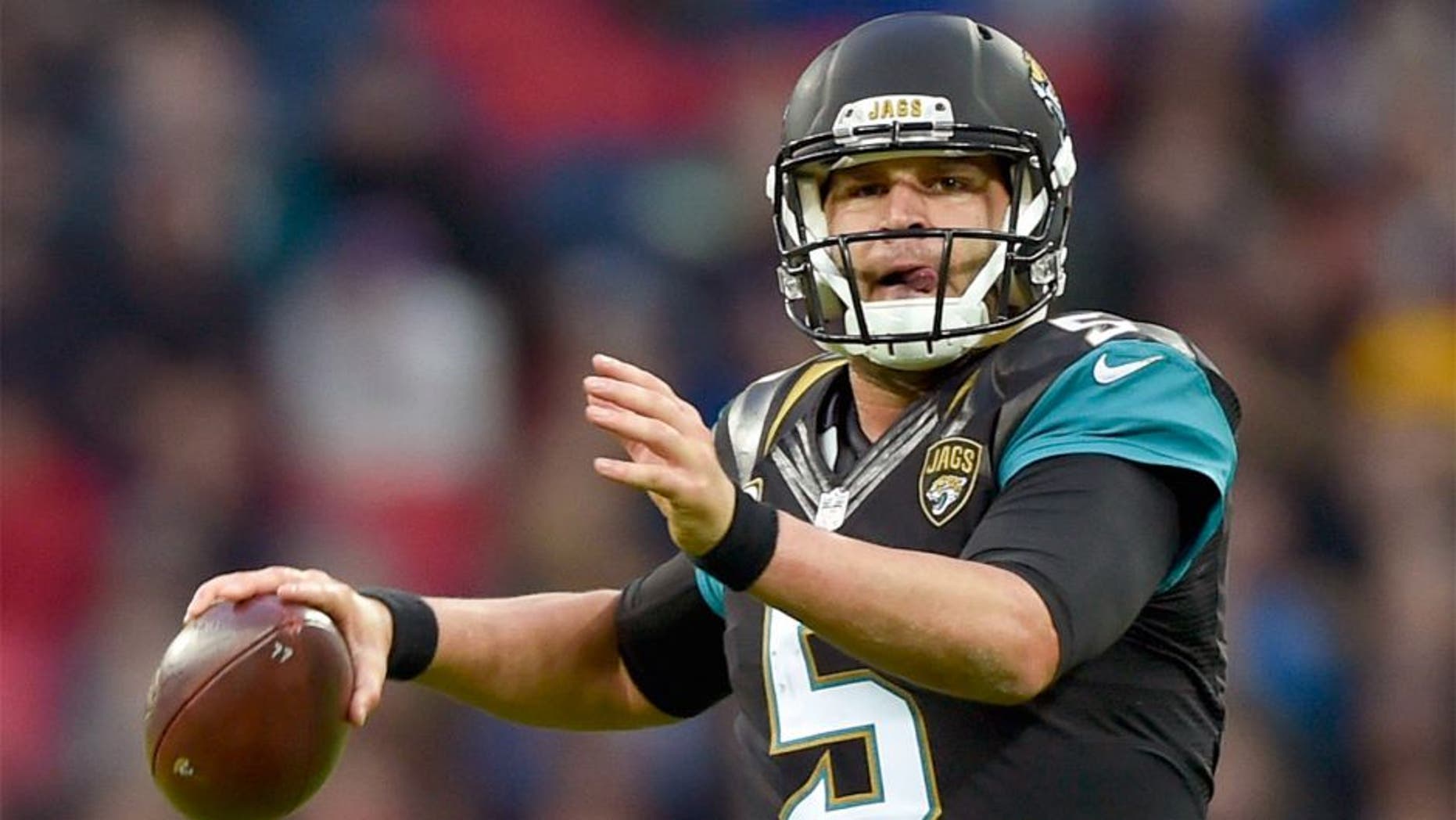 Oct 25, 2015; London, United Kingdom; Jacksonville Jaguars quarterback Blake Bortles (5) during the second half of the game Jacksonville Jaguars and the Buffalo Bills at Wembley Stadium. Mandatory Credit: Steve Flynn-USA TODAY Sports
