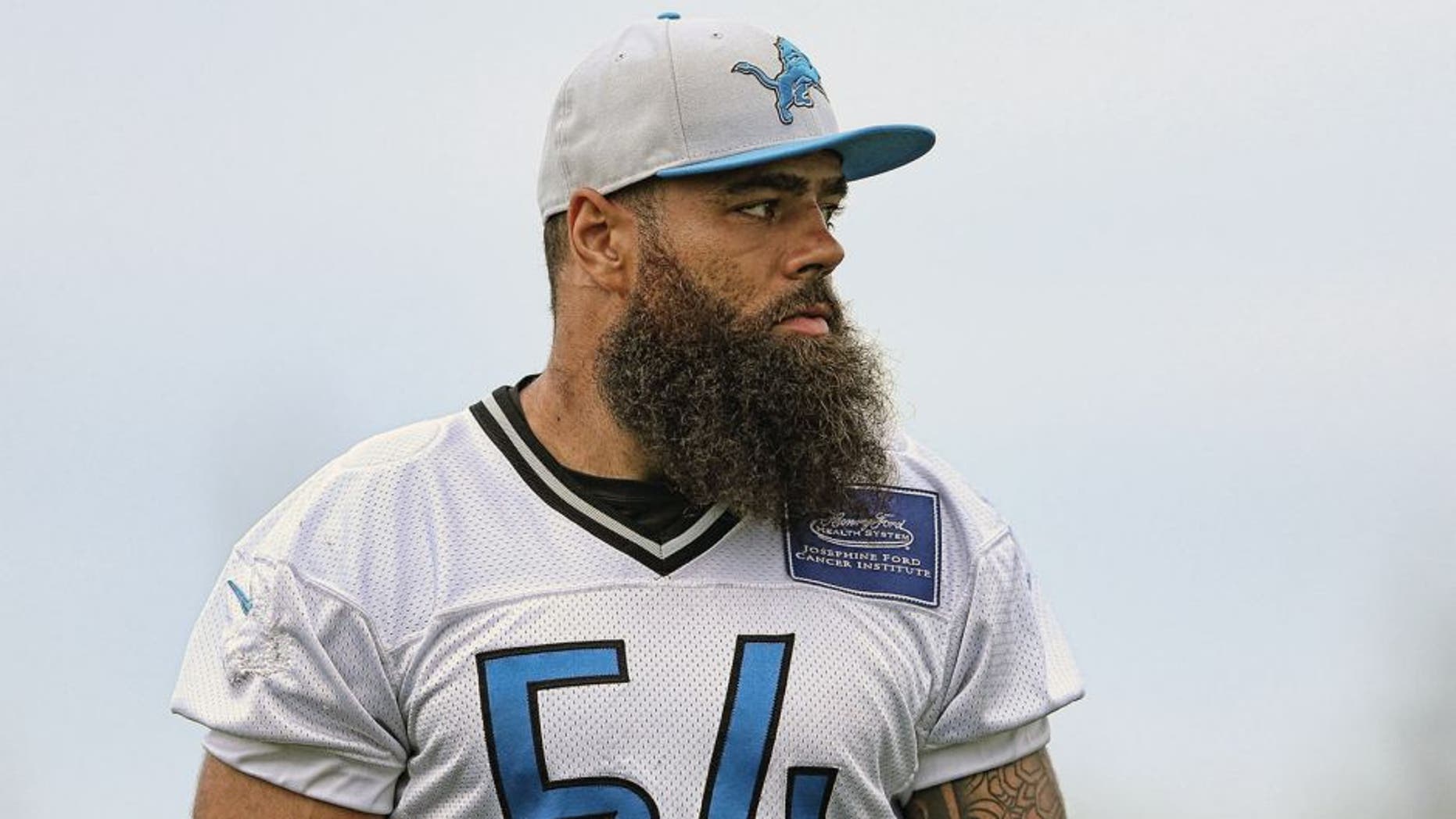 ALLEN PARK, MI - AUGUST 8: DeAndre Levy #54 of the Detroit Lions watches the action during training camp on August 8, 2015 at the Detroit Lions Training Center in Allen Park, Michigan. (Photo by Leon Halip/Getty Images)