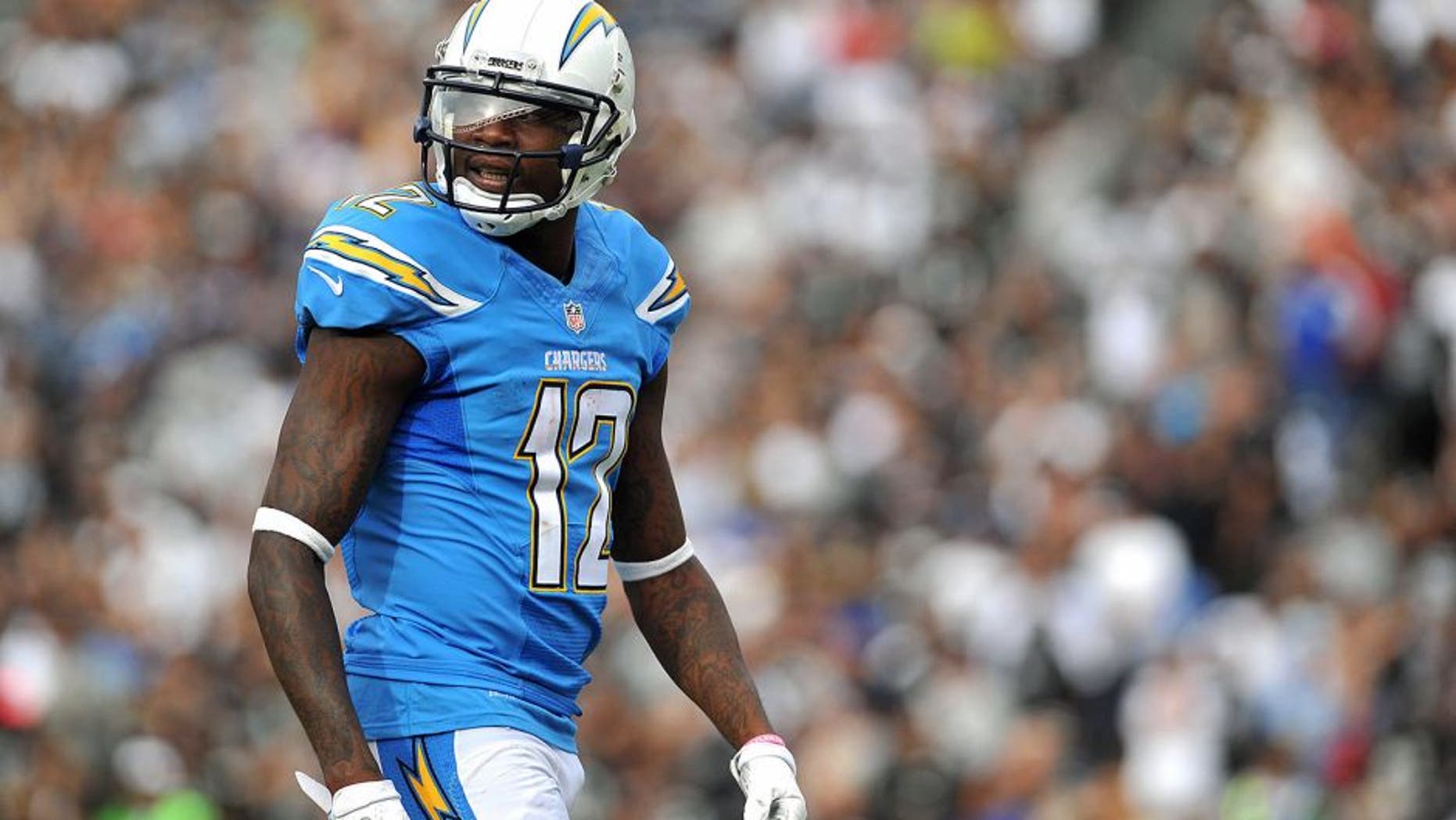 Oct 25, 2015; San Diego, CA, USA; San Diego Chargers wide receiver Jacoby Jones (12) looks on from the field during the second half of the game against the Oakland Raiders at Qualcomm Stadium. Oakland won 37-29. Mandatory Credit: Orlando Ramirez-USA TODAY Sports