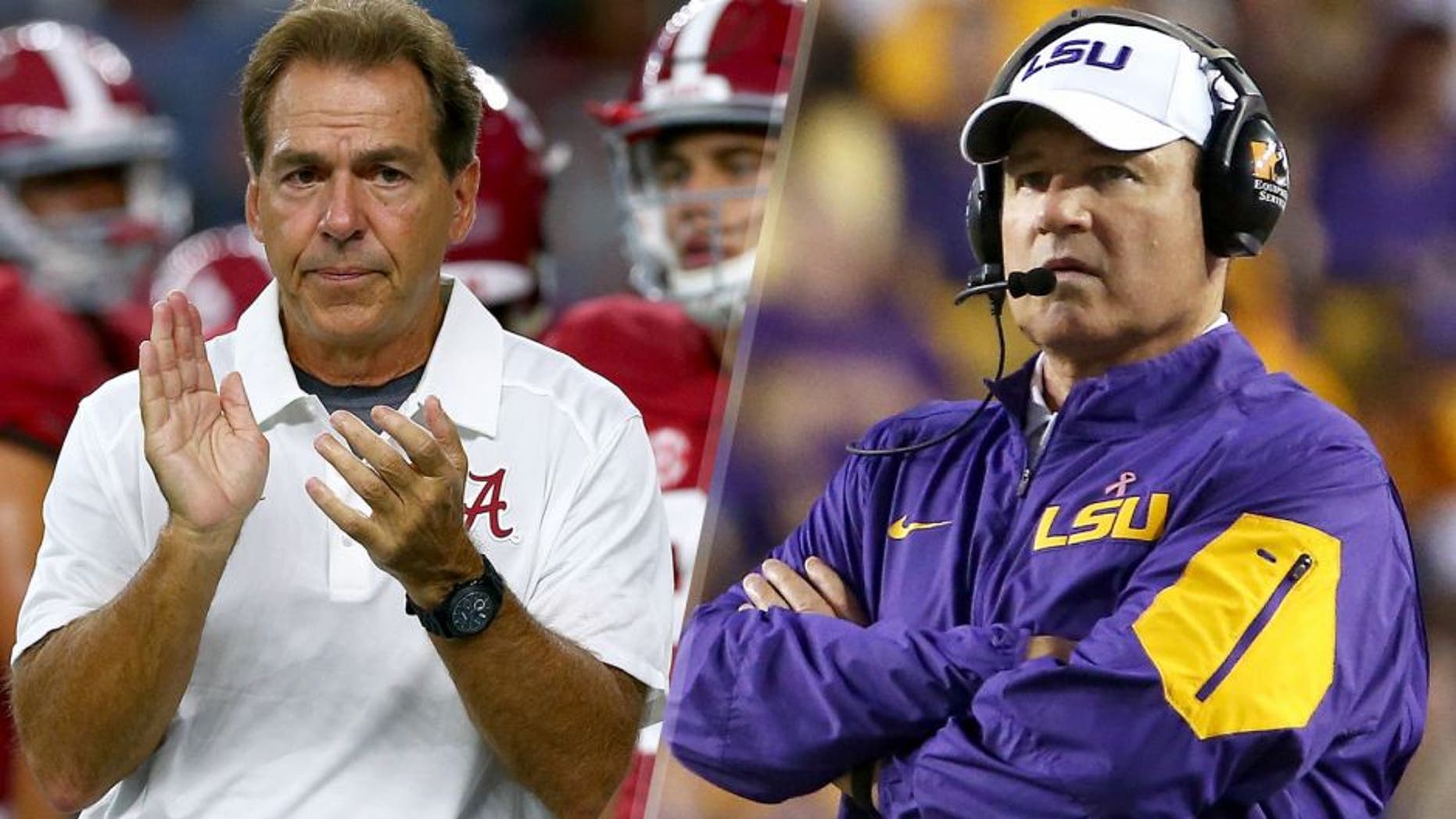 ARLINGTON, TX - SEPTEMBER 05: Head coach Nick Saban of the Alabama Crimson Tide looks on as his team prepares to take on the Wisconsin Badgers during The Advocare Classic at AT&T Stadium on September 5, 2015 in Arlington, Texas. (Photo by Tom Pennington/Getty Images) BATON ROUGE, LA - OCTOBER 03: Head coach Les Miles of the LSU Tigers watches from the sideline during the game against the Eastern Michigan Eagles at Tiger Stadium on October 3, 2015 in Baton Rouge, Louisiana. (Photo by Chris Graythen/Getty Images)