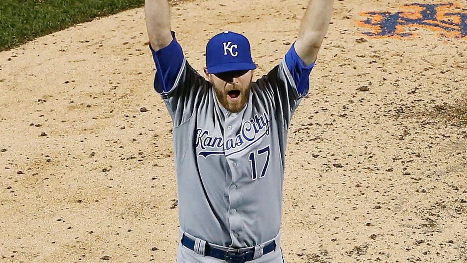 NEW YORK, NY - NOVEMBER 01: Wade Davis #17 of the Kansas City Royals celebrates defeating the New York Mets to win Game Five of the 2015 World Series at Citi Field on November 1, 2015 in the Flushing neighborhood of the Queens borough of New York City. The Kansas City Royals defeated the New York Mets with a score of 7 to 2 to win the World Series. (Photo by Tim Bradbury/Getty Images)