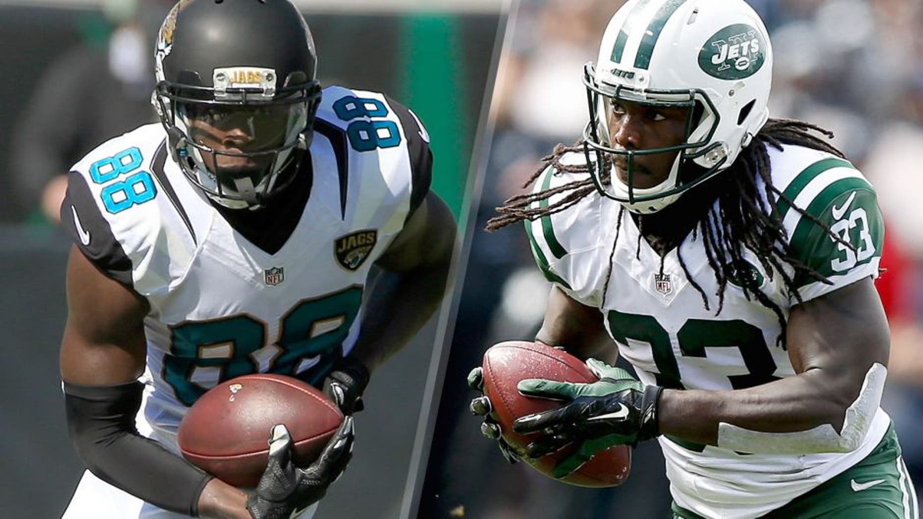 JACKSONVILLE, FL - SEPTEMBER 20: Allen Hurns #88 of the Jacksonville Jaguars runs for yardage during the game against the Miami Dolphins at EverBank Field on September 20, 2015 in Jacksonville, Florida. (Photo by Sam Greenwood/Getty Images) OAKLAND, CA - NOVEMBER 01: Chris Ivory #33 of the New York Jets in action against the Oakland Raiders at O.co Coliseum on November 1, 2015 in Oakland, California. (Photo by Ezra Shaw/Getty Images)