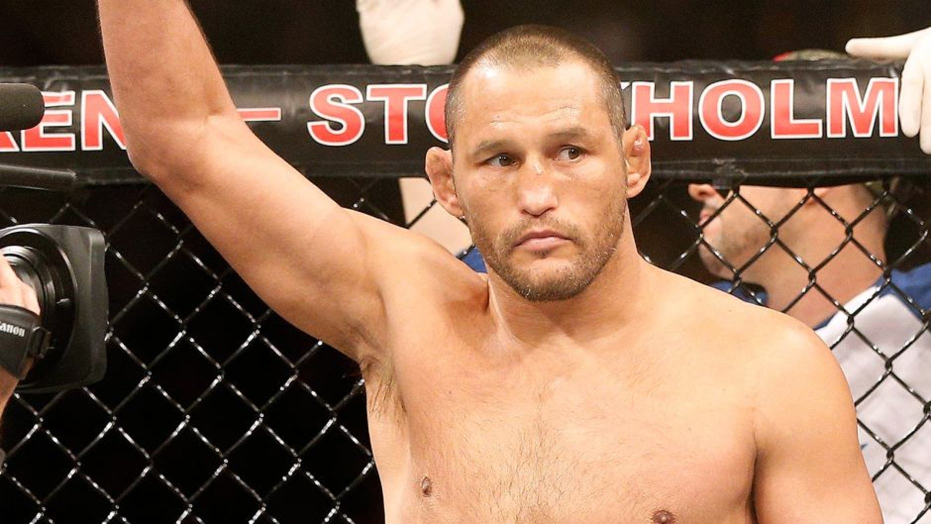 STOCKHOLM, SWEDEN - JANUARY 24: Dan Henderson of the United States is introduced before his middleweight bout against Gegard Mousasi of the Netherlands during the UFC Fight Night event at the Tele2 Arena on January 24, 2015 in Stockholm, Sweden. (Photo by Josh Hedges/Zuffa LLC/Zuffa LLC via Getty Images)