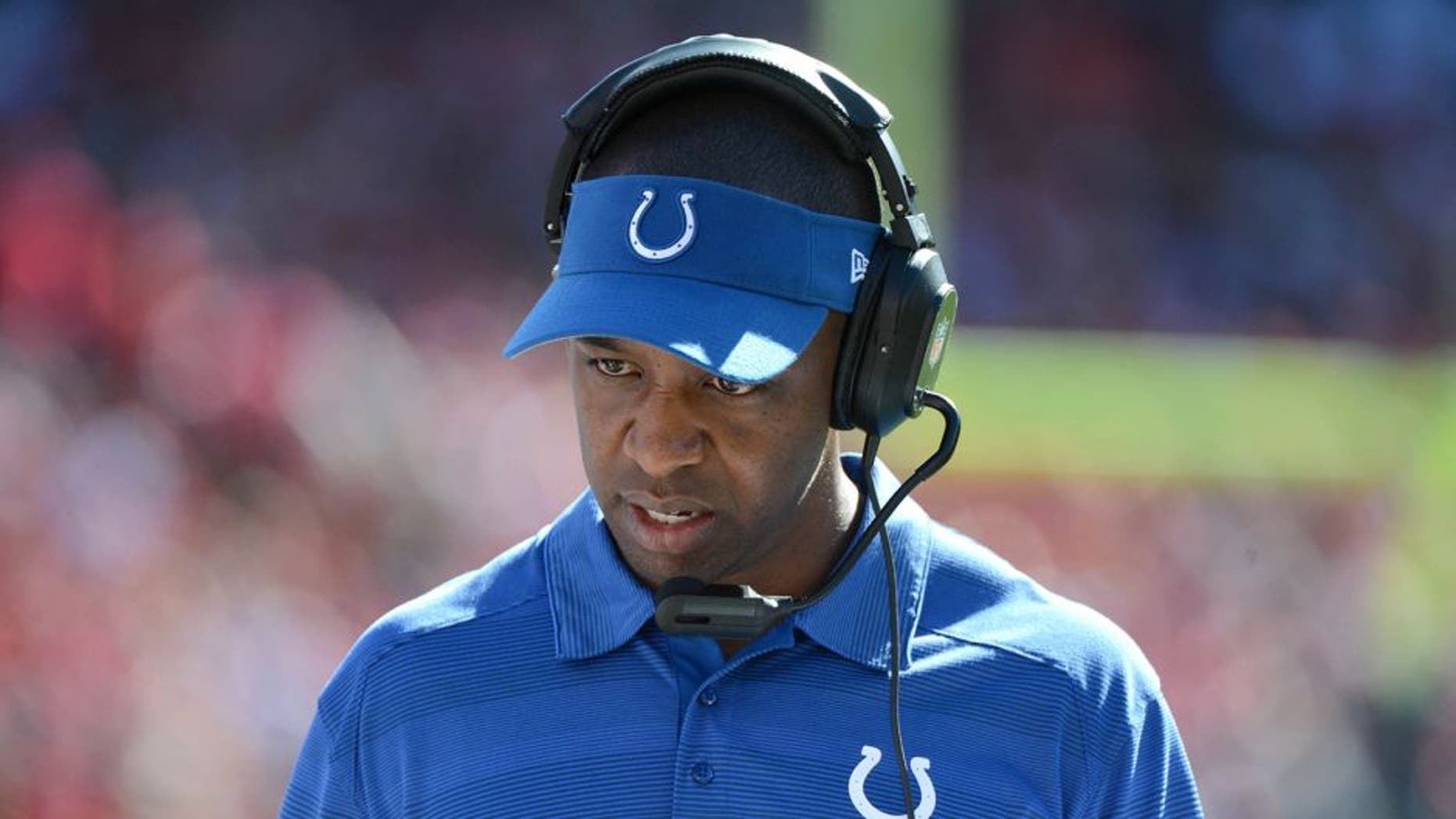 September 22, 2013; San Francisco, CA, USA; Indianapolis Colts offensive coordinator Pep Hamilton during the third quarter against the San Francisco 49ers at Candlestick Park. The Colts defeated the 49ers 27-7. Mandatory Credit: Kyle Terada-USA TODAY Sports
