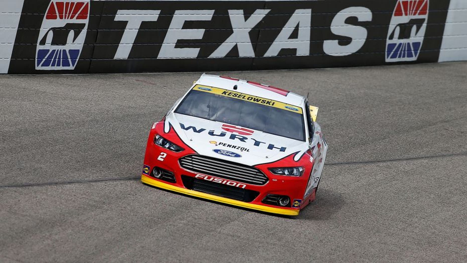 FORT WORTH, TX - NOVEMBER 06: Brad Keselowski, driver of the #2 Wurth Ford, practices for the NASCAR Sprint Cup Series AAA Texas 500 at Texas Motor Speedway on November 6, 2015 in Fort Worth, Texas. (Photo by Jonathan Ferrey/Getty Images for Texas Motor Speedway)