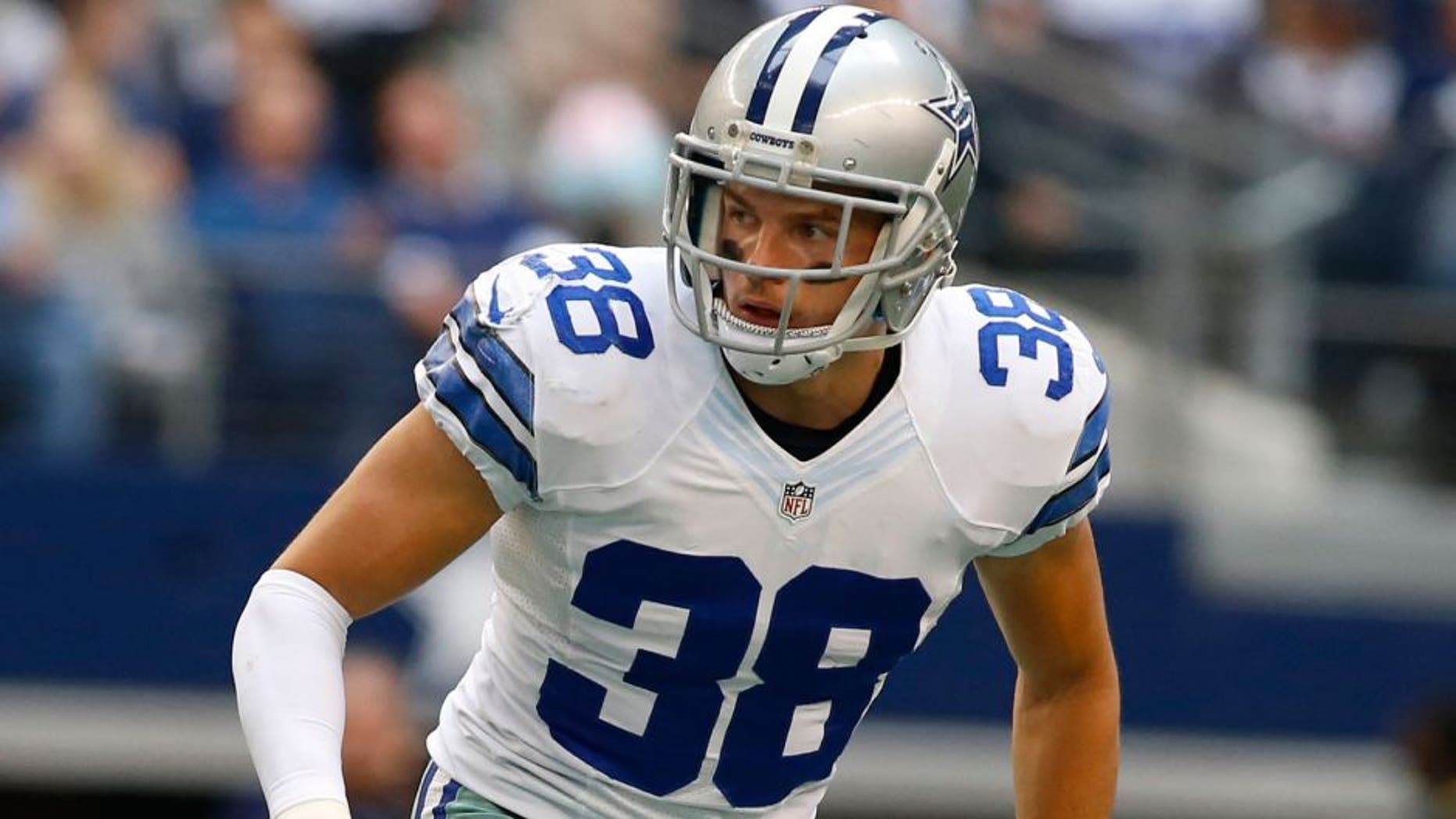 Nov 2, 2014; Arlington, TX, USA; Dallas Cowboys strong safety Jeff Heath (38) in game action against the Arizona Cardinals at AT&T Stadium. Arizona beat Dallas 28-17. Mandatory Credit: Tim Heitman-USA TODAY Sports