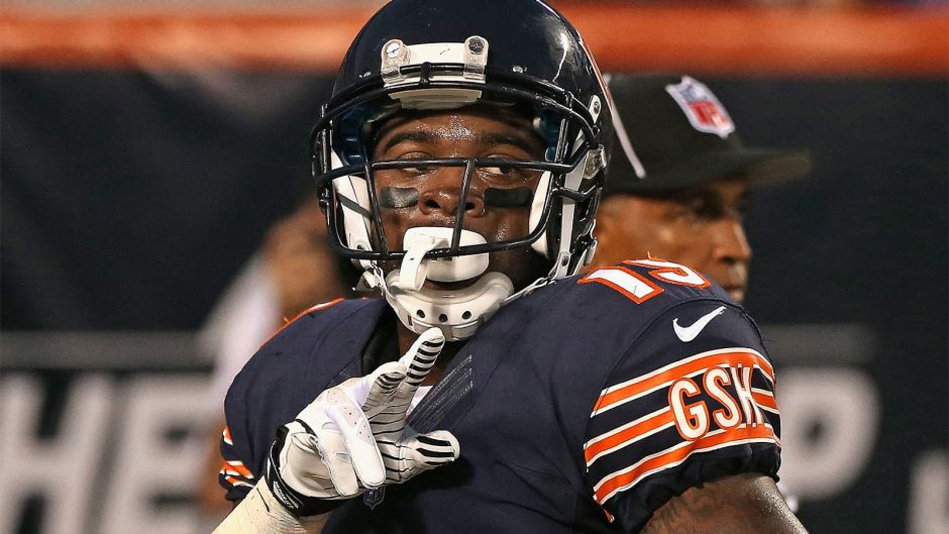 CHICAGO, IL - AUGUST 29: Joe Anderson #19 of the Chicago Bears celebrates a touchdown catch against the Cleveland Browns at Soldier Field on August 29, 2013 in Chicago, Illinois. The Browns defeated the Bears 18-16. (Photo by Jonathan Daniel/Getty Images) *** Local Caption *** Joe Anderson