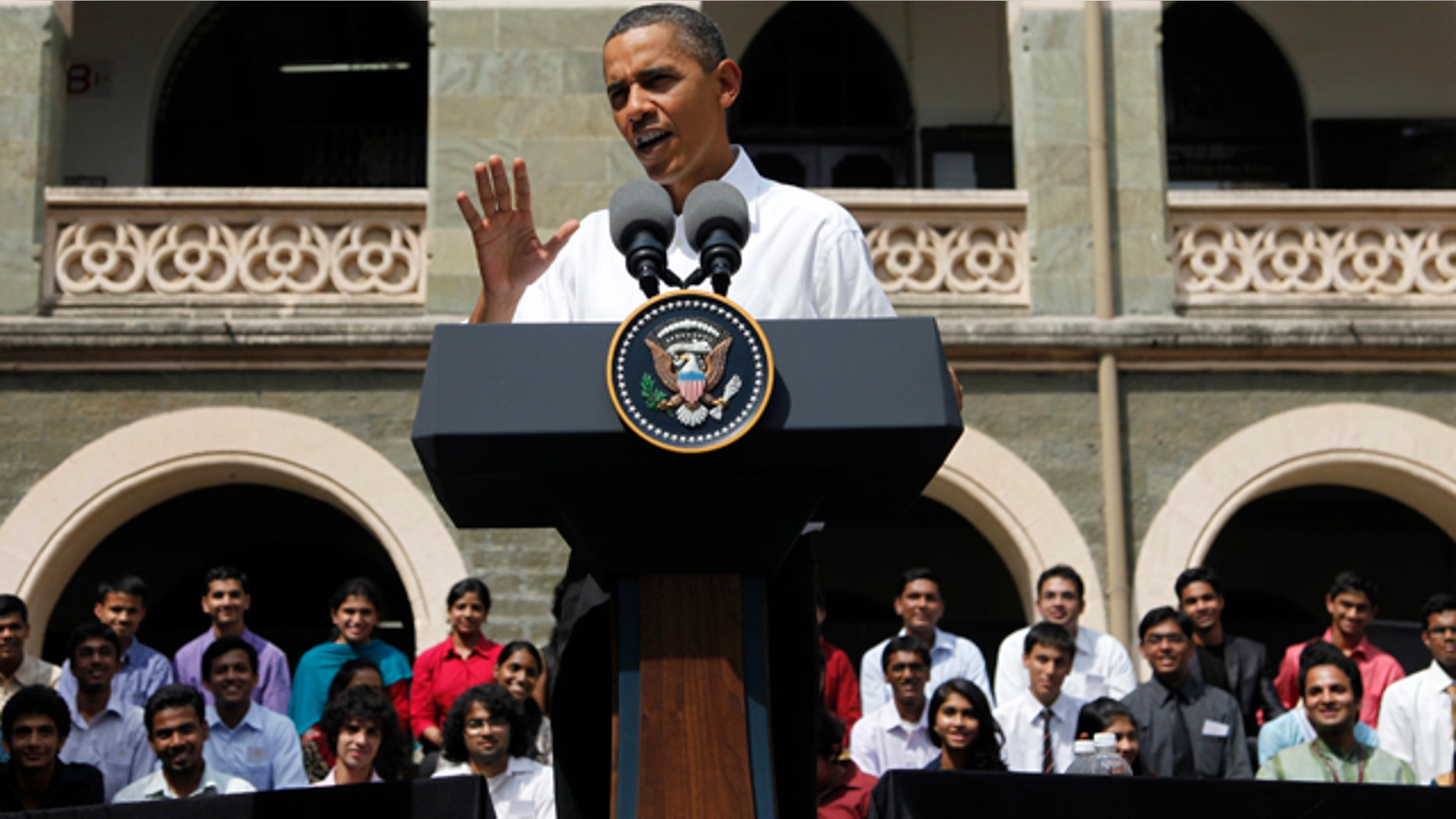 Nov. 7: President Obama gestures during a town hall meeting with students at St. Xavier's College in Mumbai.