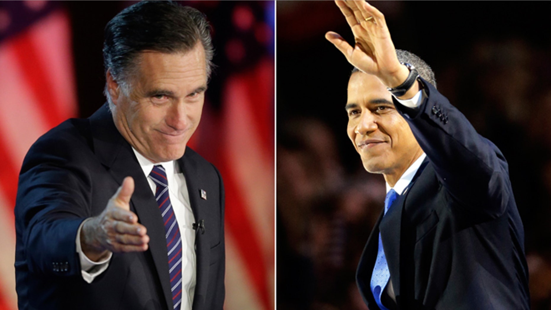 Nov. 7, 2012: Republican presidential candidate, former Massachusetts Gov. Mitt Romney gestures to supporters during his election night rally in Boston, left, and President Barack Obama waves to the crowd of supporters at his election night party in Chicago.