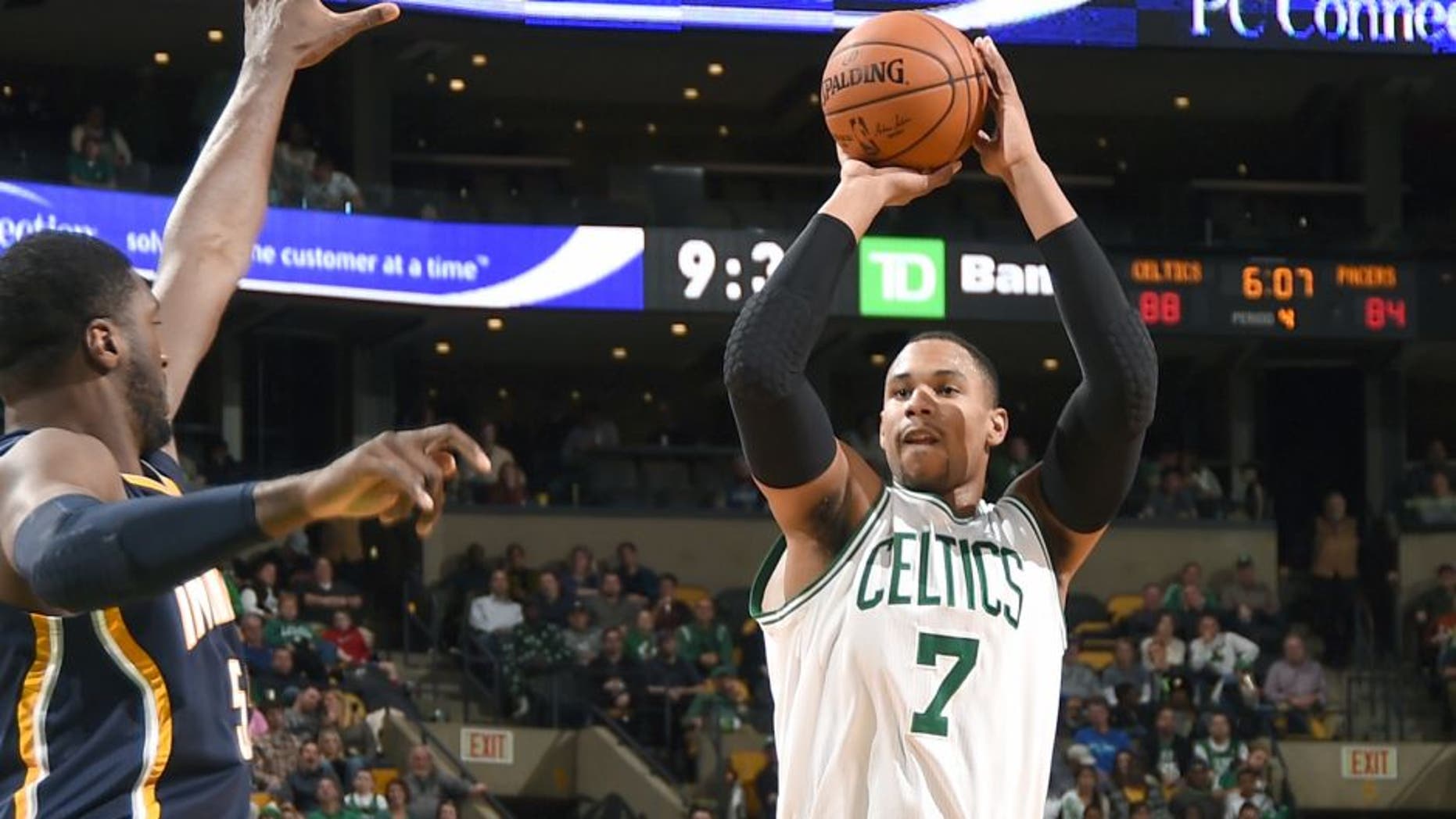 BOSTON, MA - NOVEMBER 7: Jared SUllinger #7 of the Boston Celtics takes a shot against the Indiana Pacers on November 7, 2014 at the TD Garden in Boston, Massachusetts. (Photo by Brian Babineau /NBAE via Getty Images)
