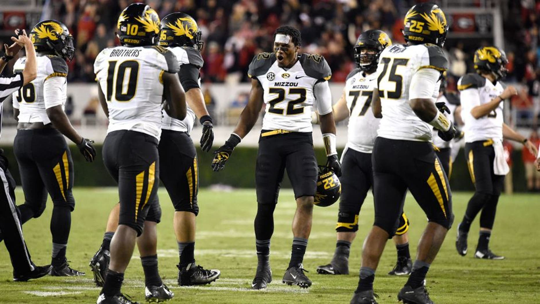 Oct 17, 2015; Athens, GA, USA; Missouri Tigers defensive back Anthony Sherrils (22) and team mates react after the Georgia Bulldogs missed a go ahead field goal during the second half at Sanford Stadium. Georgia defeated Missouri 9-6. Mandatory Credit: Dale Zanine-USA TODAY Sports