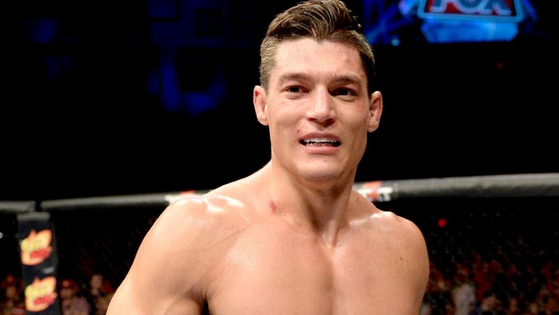 BANGOR, ME - AUGUST 16: Alan Jouban celebrates after defeating Seth Baczynski by knock out in their welterweight bout during the UFC fight night event at the Cross Insurance Center on August 16, 2014 in Bangor, Maine. (Photo by Jeff Bottari/Zuffa LLC/Zuffa LLC via Getty Images) *** Local Caption ***Alan Jouban
