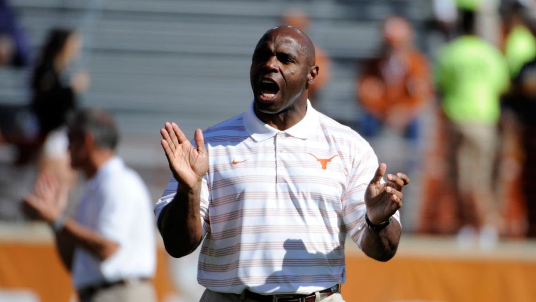 Nov 8, 2014; Austin, TX, USA; Texas Longhorns head coach Charlie Strong prior to kickoff against the West Virginia Mountaineers at Darrell K Royal-Texas Memorial Stadium. Mandatory Credit: Brendan Maloney-USA TODAY Sports