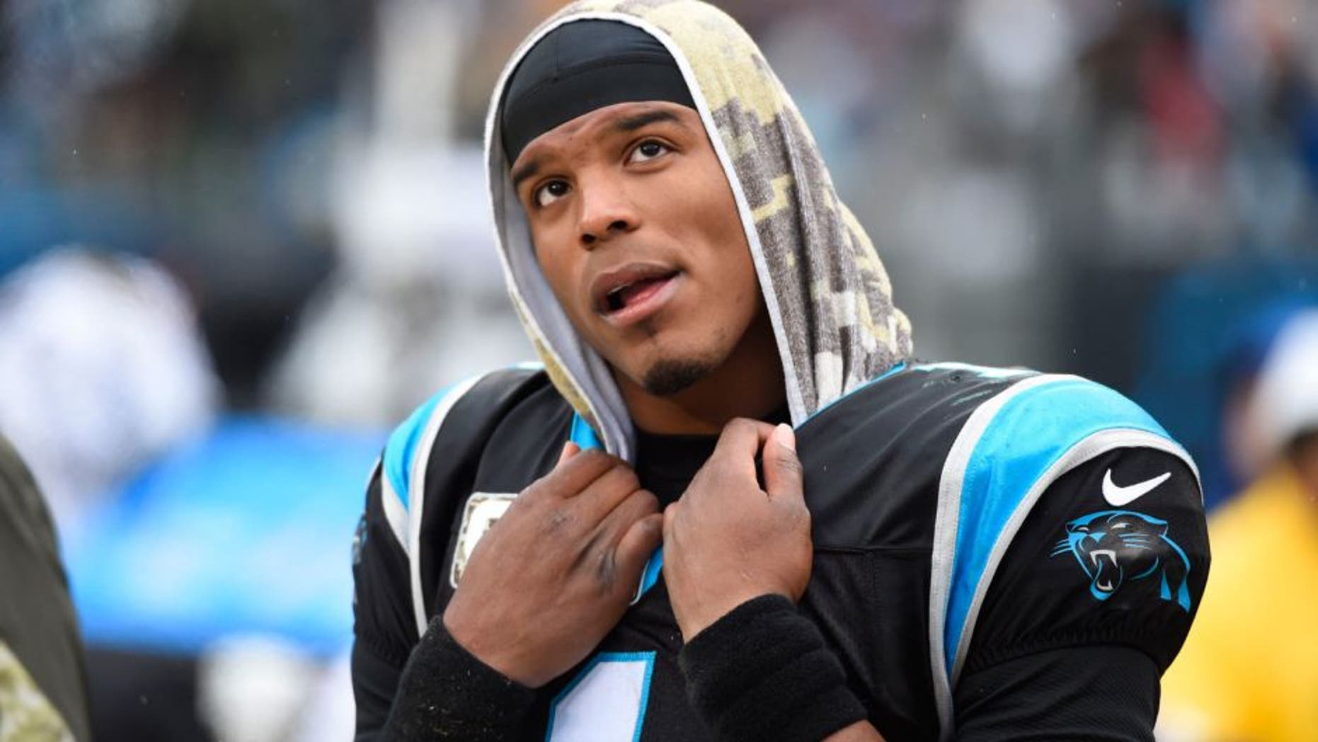 Nov 8, 2015; Charlotte, NC, USA; Carolina Panthers quarterback Cam Newton (1) on the sidelines in the fourth quarter. The Panthers defeated the Packers 37-29 at Bank of America Stadium. Mandatory Credit: Bob Donnan-USA TODAY Sports
