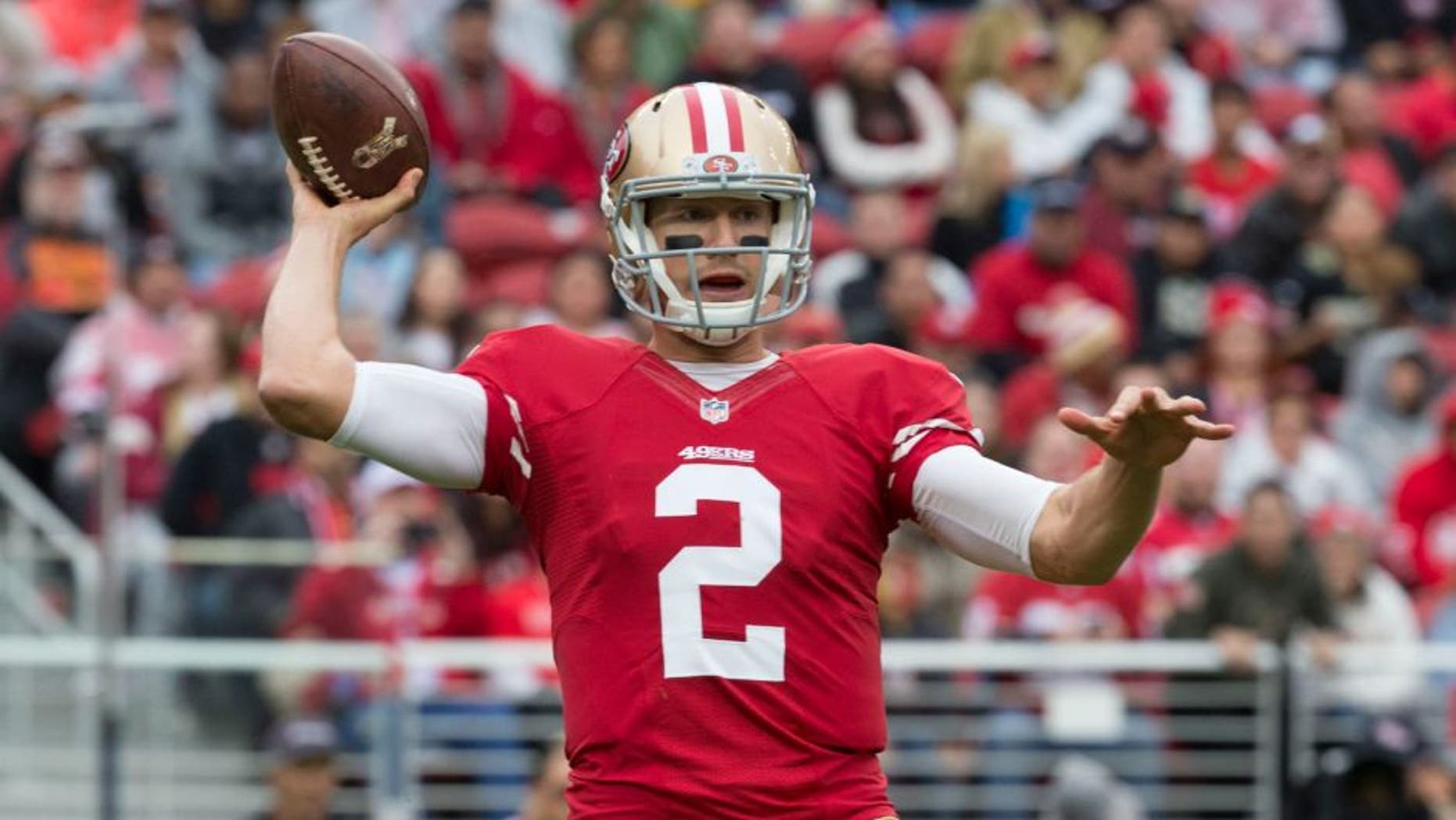 November 8, 2015; Santa Clara, CA, USA; San Francisco 49ers quarterback Blaine Gabbert (2) passes the football against the Atlanta Falcons during the first quarter at Levi's Stadium. Mandatory Credit: Kyle Terada-USA TODAY Sports