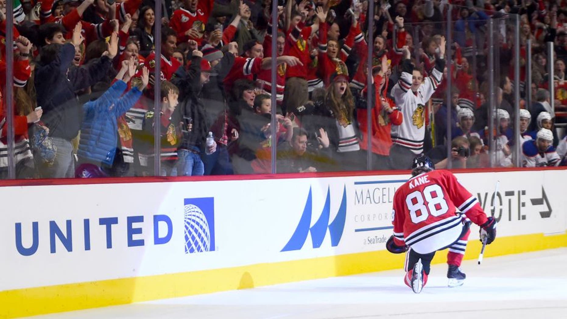 Nov 8, 2015; Chicago, IL, USA; Chicago Blackhawks right wing Patrick Kane (88) reacts after scoring a goal against the Edmonton Oilers during the third period at the United Center. The Chicago Blackhawks defat the Edmonton Oilers 4-2. Mandatory Credit: Mike DiNovo-USA TODAY Sports