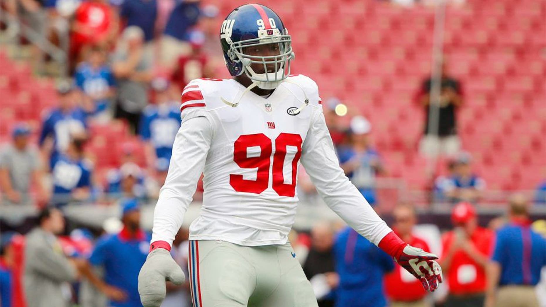 Nov 8, 2015; Tampa, FL, USA; New York Giants defensive end Jason Pierre-Paul (90) works out prior to the game against the Tampa Bay Buccaneers at Raymond James Stadium. Mandatory Credit: Kim Klement-USA TODAY Sports