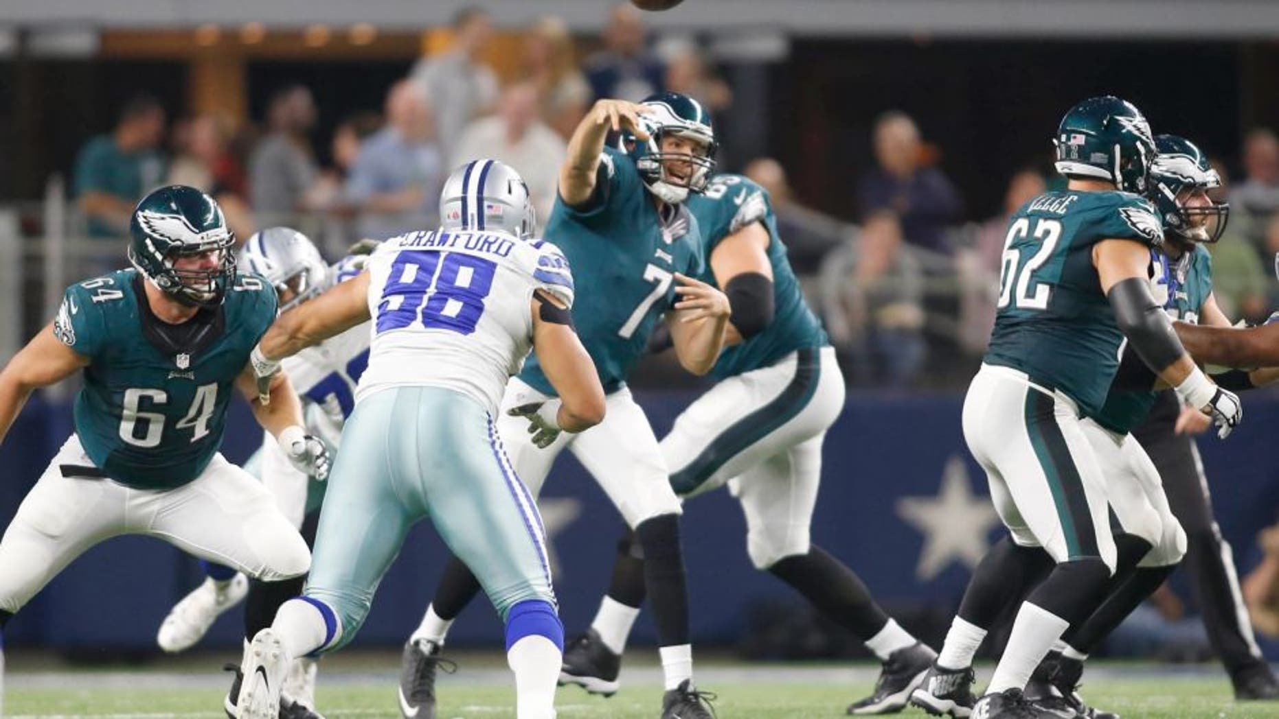 Nov 8, 2015; Arlington, TX, USA; Philadelphia Eagles quarterback Sam Bradford (7) throws a pass in the second quarter against the Dallas Cowboys at AT&T Stadium. Mandatory Credit: Tim Heitman-USA TODAY Sports