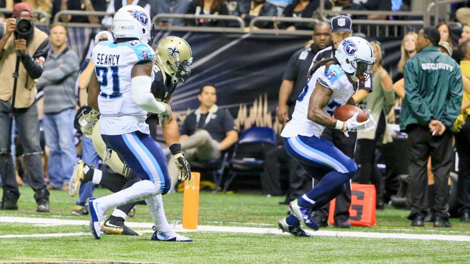 Nov 8, 2015; New Orleans, LA, USA; Tennessee Titans cornerback B.W. Webb intercepts a pass in the endzone against the New Orleans Saints during the second half of a game at the Mercedes-Benz Superdome. The Titans defeated the Saints 34-28 in overtime. Mandatory Credit: Derick E. Hingle-USA TODAY Sports