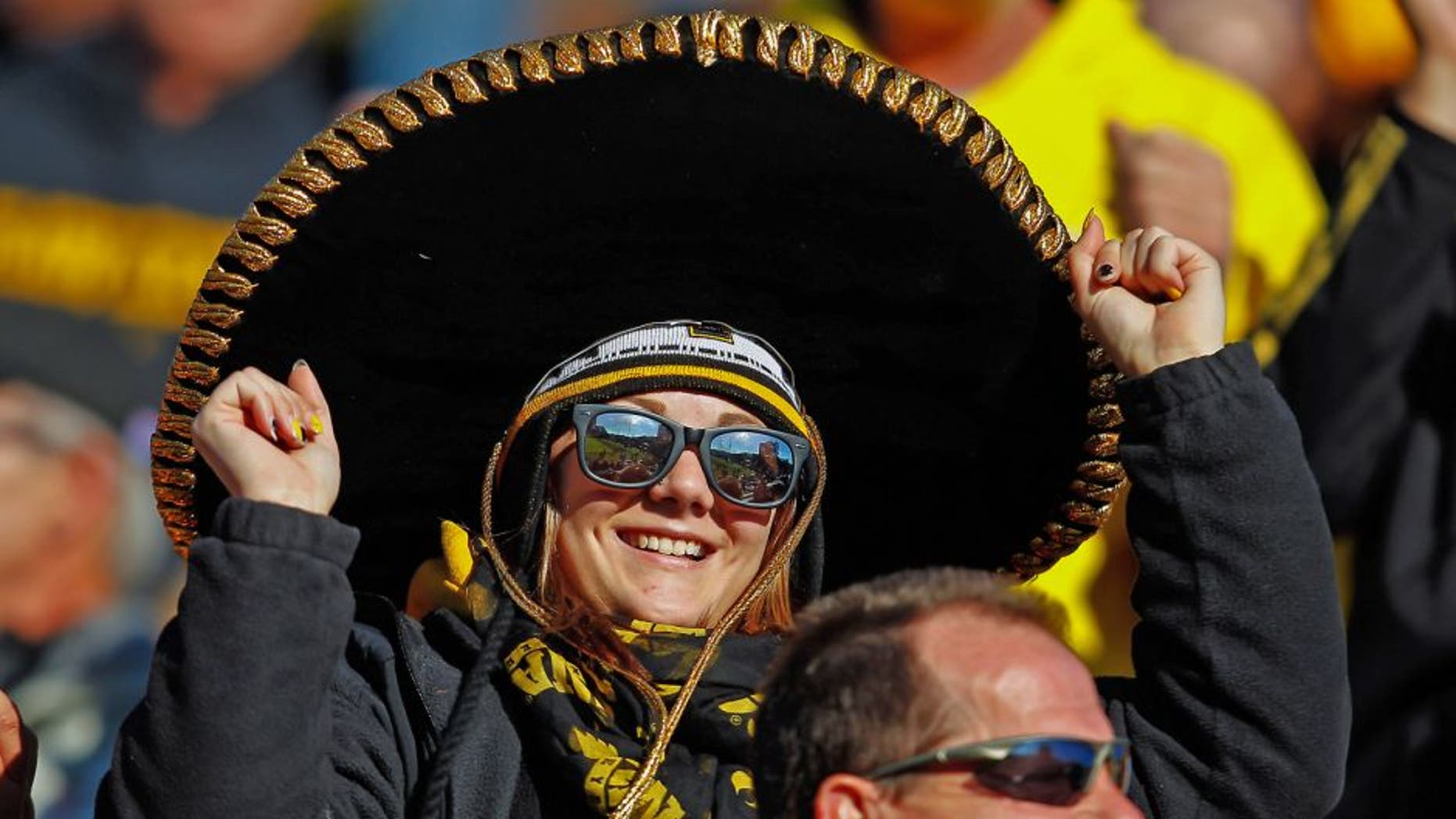 WEST LAFAYETTE, IN - NOVEMBER 09: An Iowa Hawkeyes fan cheers in the stands during the game against the Purdue Boilermakers at Ross-Ade Stadium on November 9, 2013 in West Lafayette, Indiana. (Photo by Michael Hickey/Getty Images)