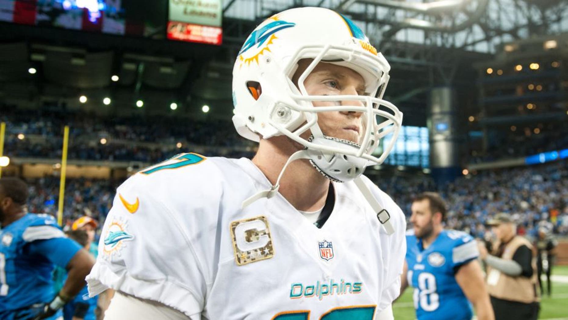 Nov 9, 2014; Detroit, MI, USA; Miami Dolphins quarterback Ryan Tannehill (17) after the game against the Detroit Lions at Ford Field. Detroit won 20-16. Mandatory Credit: Tim Fuller-USA TODAY Sports