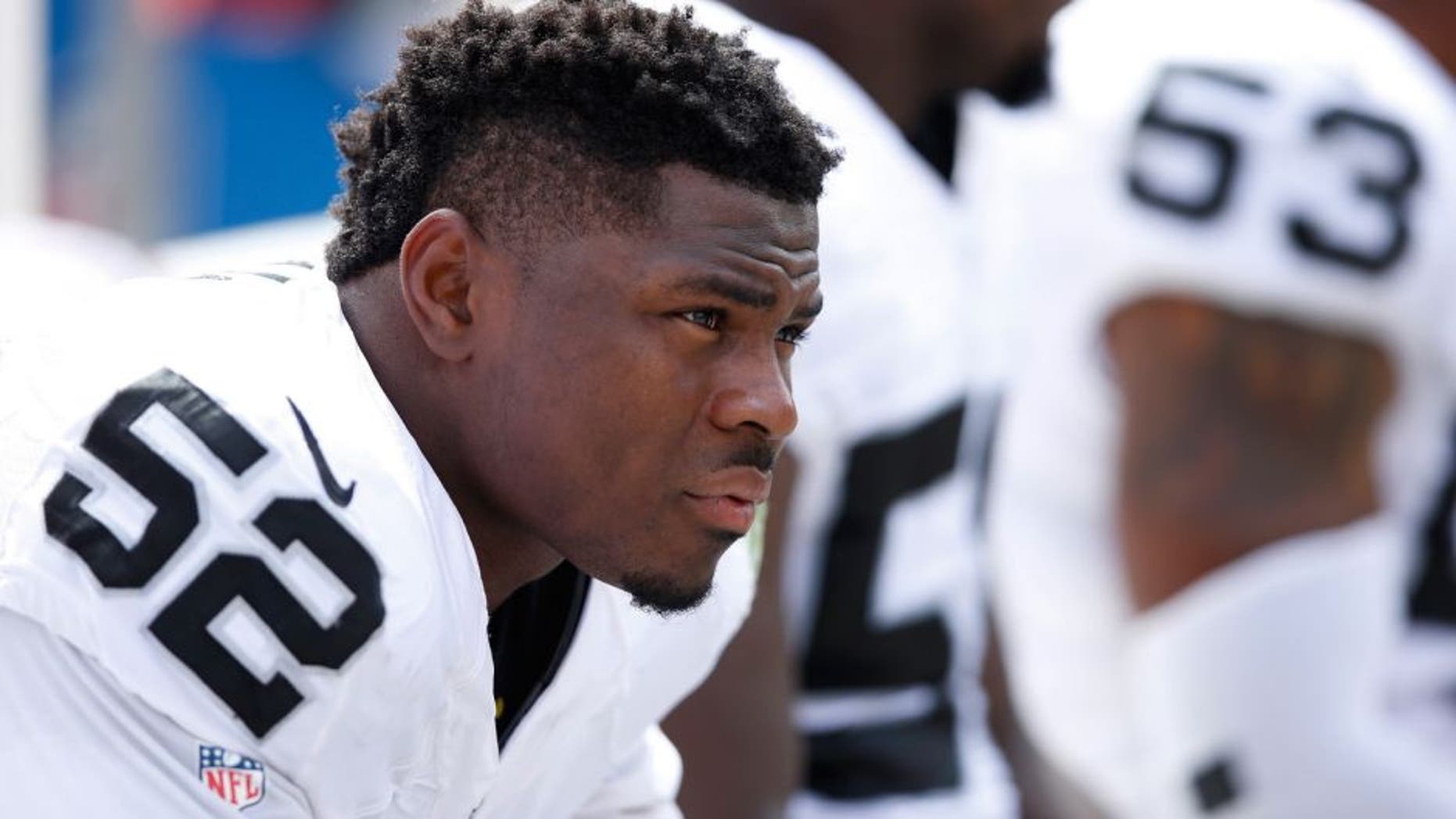 CLEVELAND, OH - SEPTEMBER 27: Khalil Mack #52 of the Oakland Raiders looks on against the Cleveland Browns during a game at FirstEnergy Stadium on September 27, 2015 in Cleveland, Ohio. The Raiders defeated the Browns 27-20. (Photo by Joe Robbins/Getty Images)